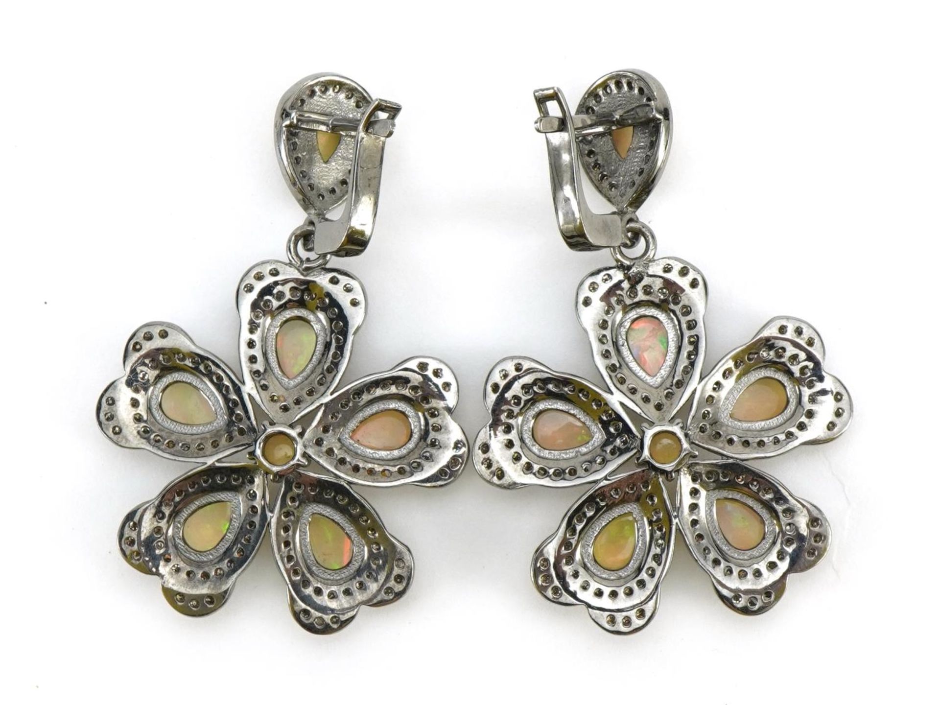 Pair of white metal cabochon opal and diamond flower head drop earrings, 4.5cm high, 14.2g - Image 2 of 2