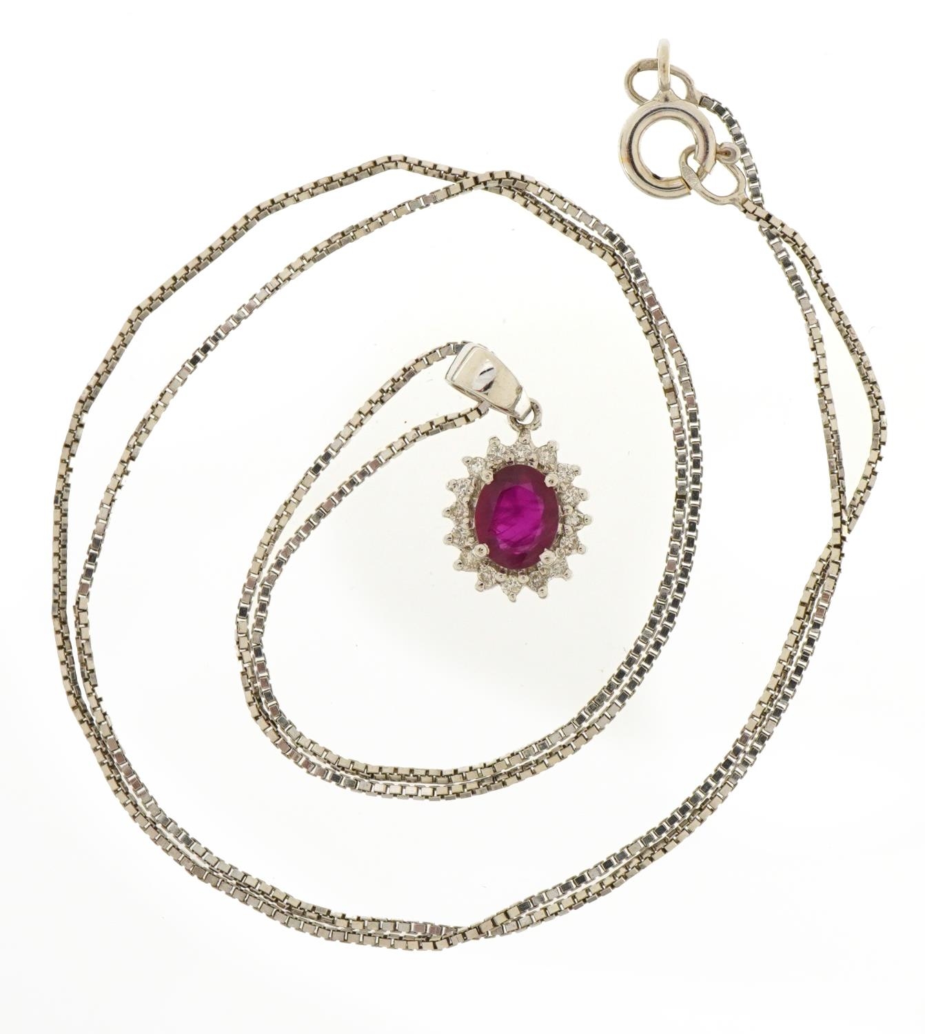 18ct white gold ruby and diamond cluster pendant on an 18ct white gold necklace, 1.6cm high and 45cm - Image 2 of 4