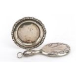 Art Nouveau style silver hand mirror pendant and sterling silver doll's house tray, the largest 7.