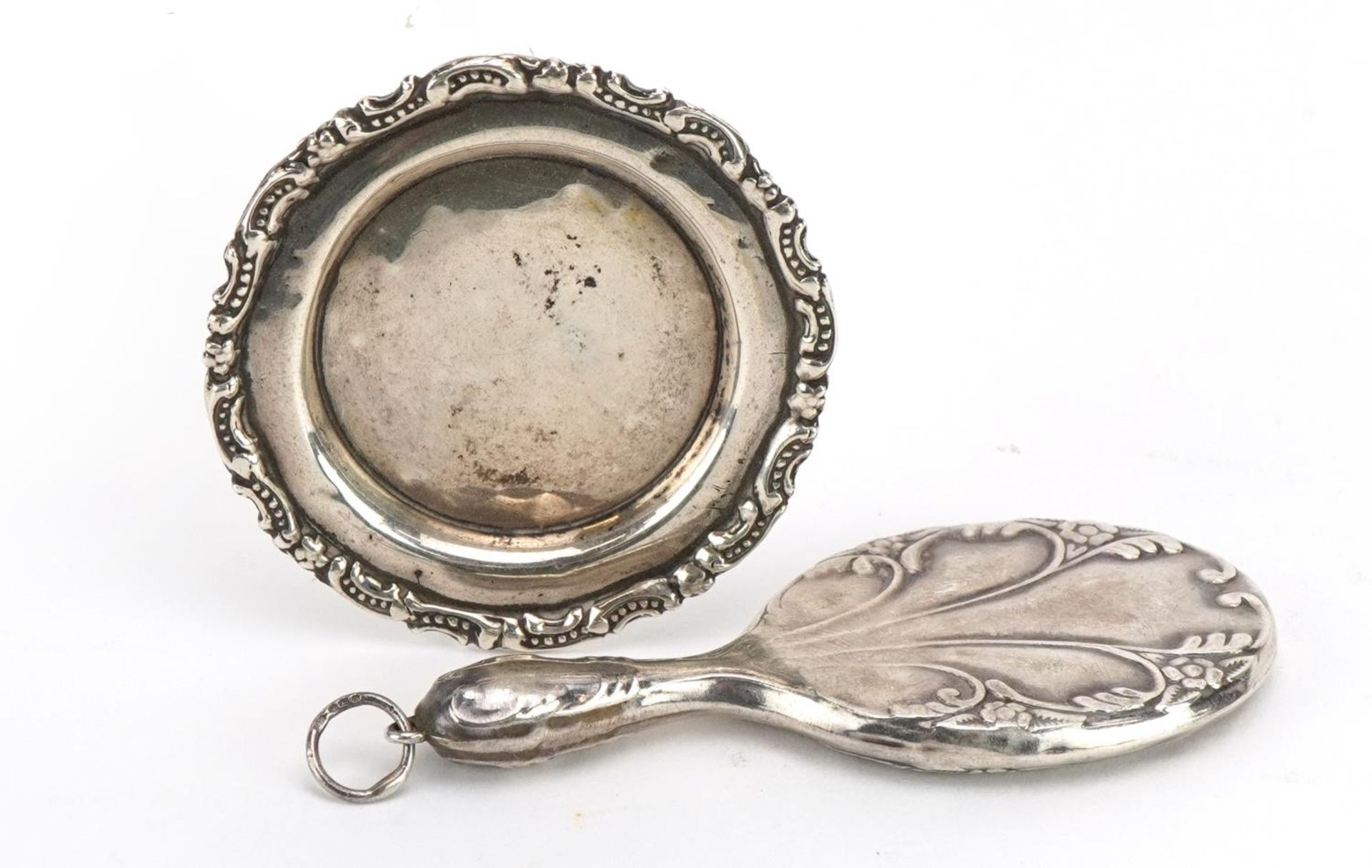 Art Nouveau style silver hand mirror pendant and sterling silver doll's house tray, the largest 7.