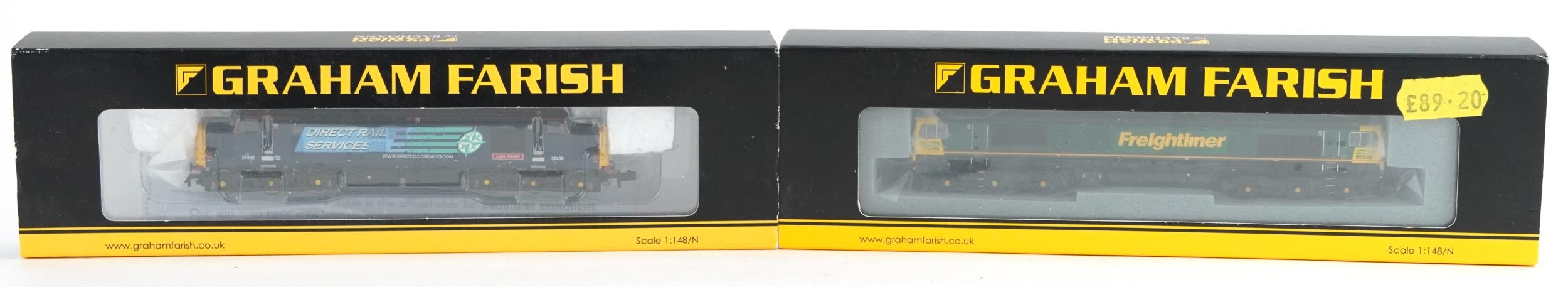 Two Graham Farish N gauge model railway locomotives with cases, numbers 371-169 and 371-385