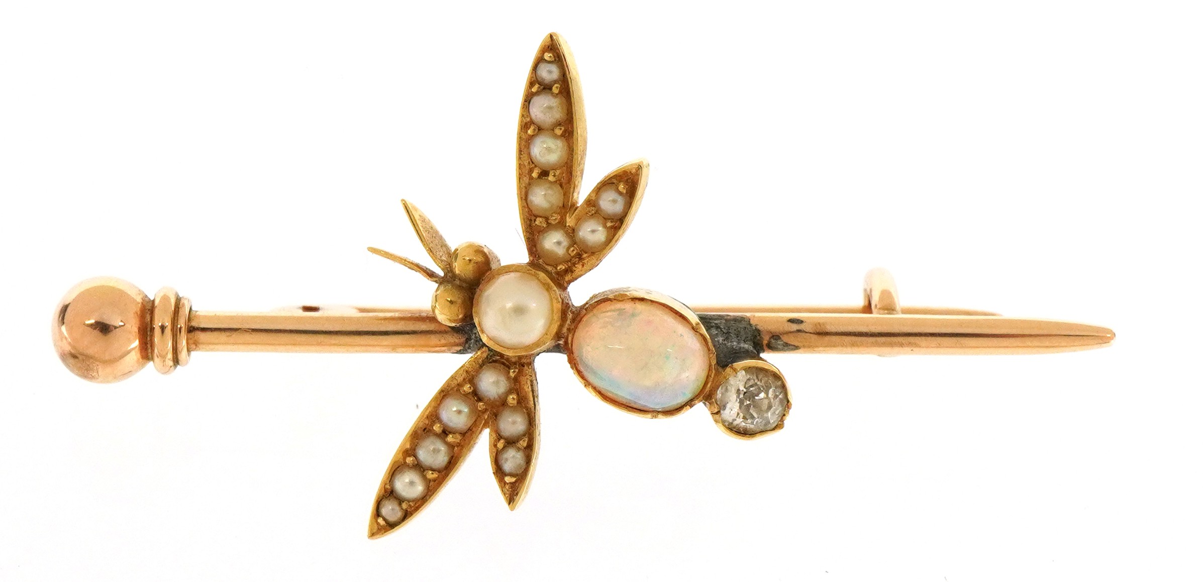 Unmarked gold cabochon opal, diamond and pearl dragonfly brooch housed in a fitted leather box,