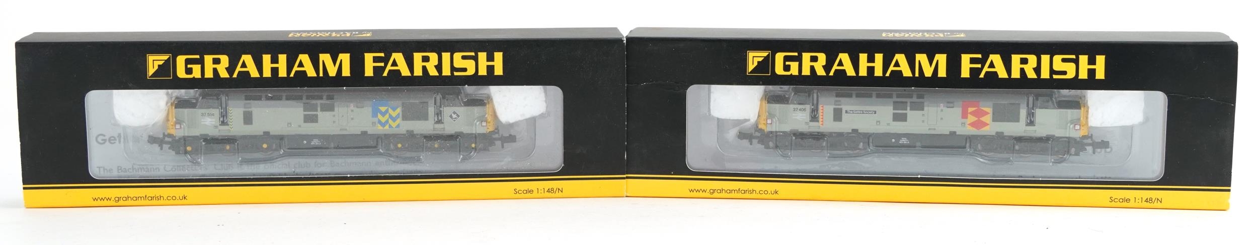 Two Graham Farish N gauge model railway locomotives with cases, numbers 371-166 and 371-167
