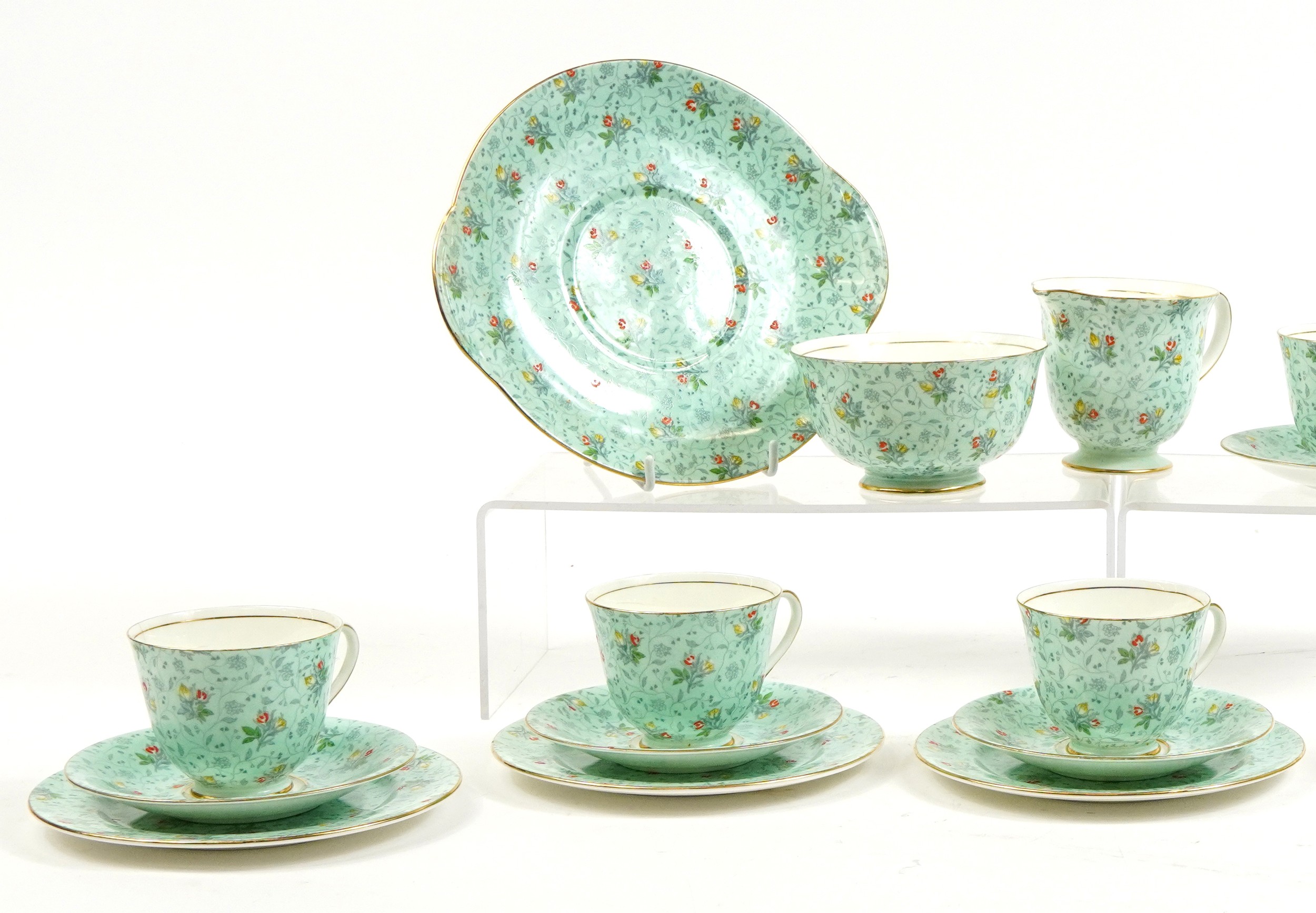 Royal Doulton Merle six place tea service comprising six trios, sandwich plate, milk jug and sugar - Image 2 of 4