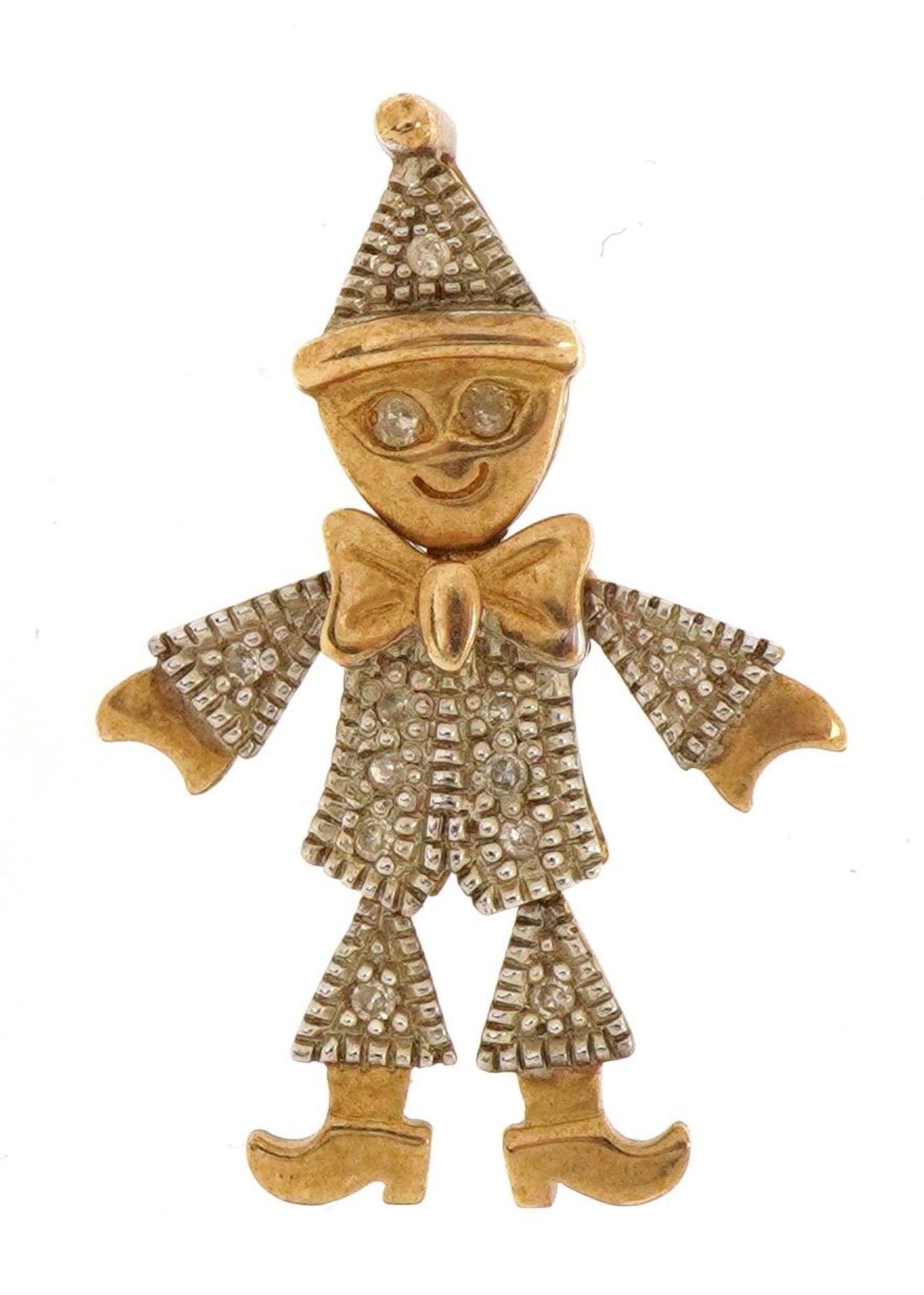 9ct gold diamond set clown pendant with articulated limbs, 2.9cm high, 3.2g