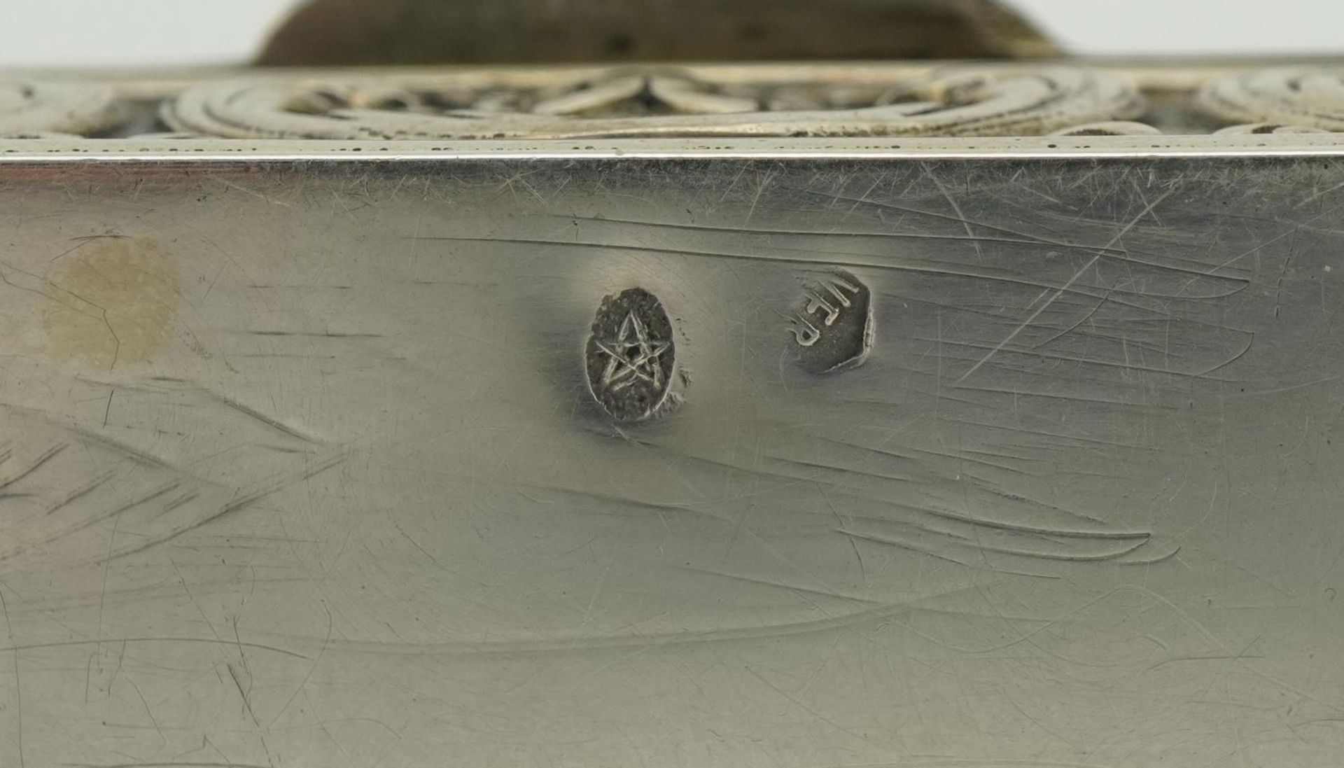 Dutch silver snuff box, the hinged lid embossed with merry figures, impressed marks to the base, 8cm - Image 4 of 4