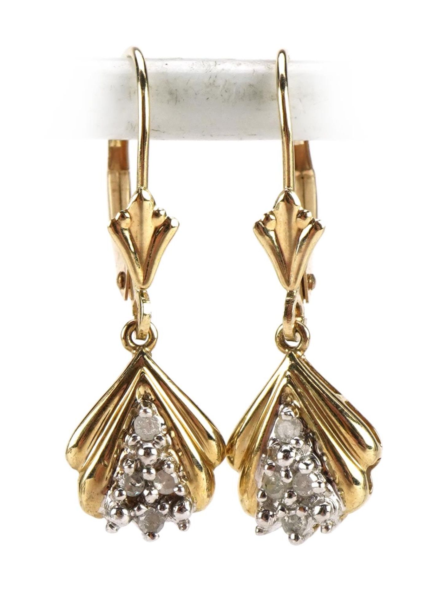 Pair of 10ct gold diamond drop earrings, 2.7cm high, 1.6g