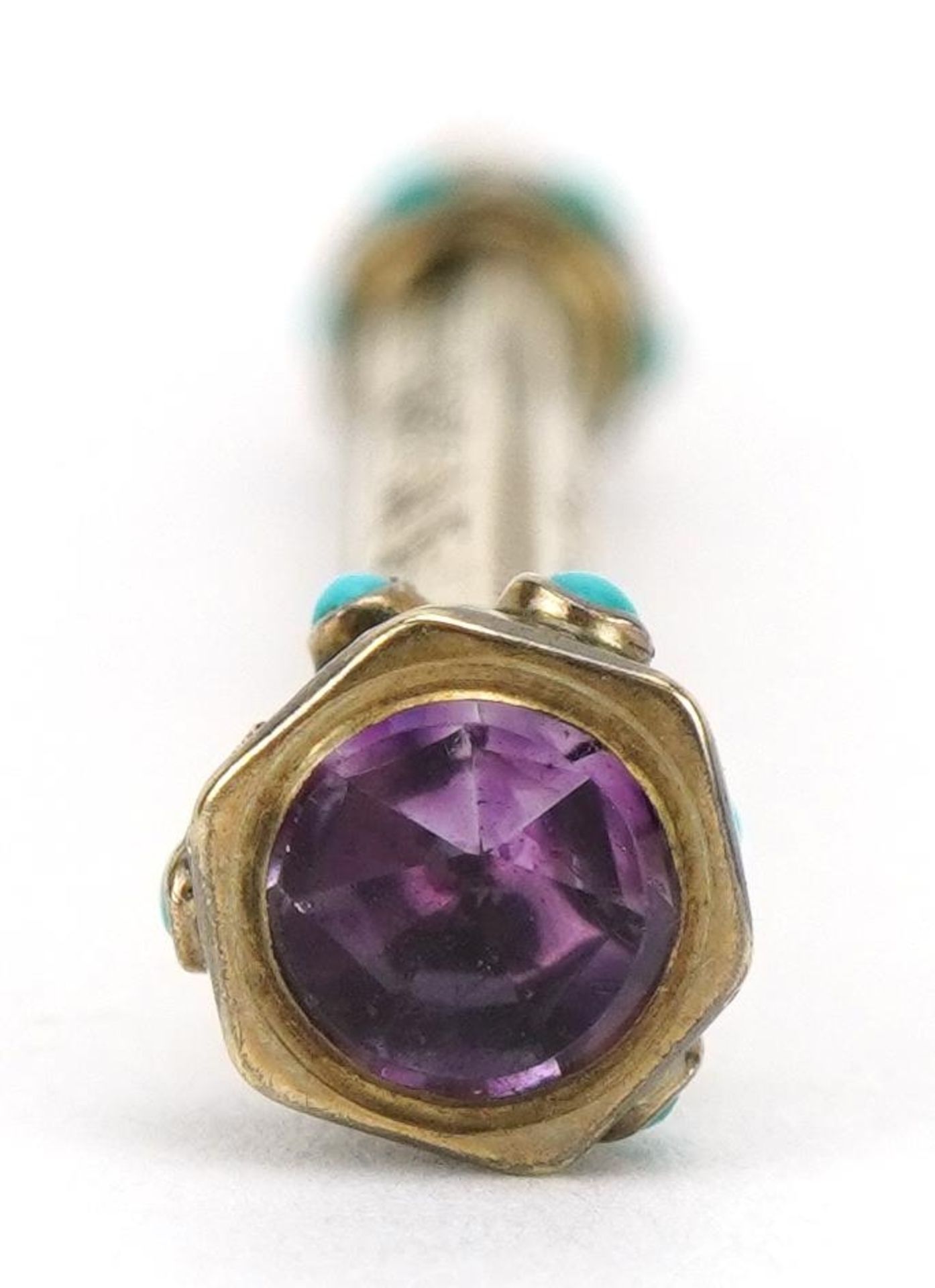 Victorian unmarked gold propelling pencil set with turquoise stones and amethyst, tests as 9ct gold, - Bild 3 aus 3