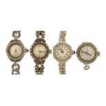 Four vintage and later ladies silver and white metal marcasite wristwatches including Rotary and