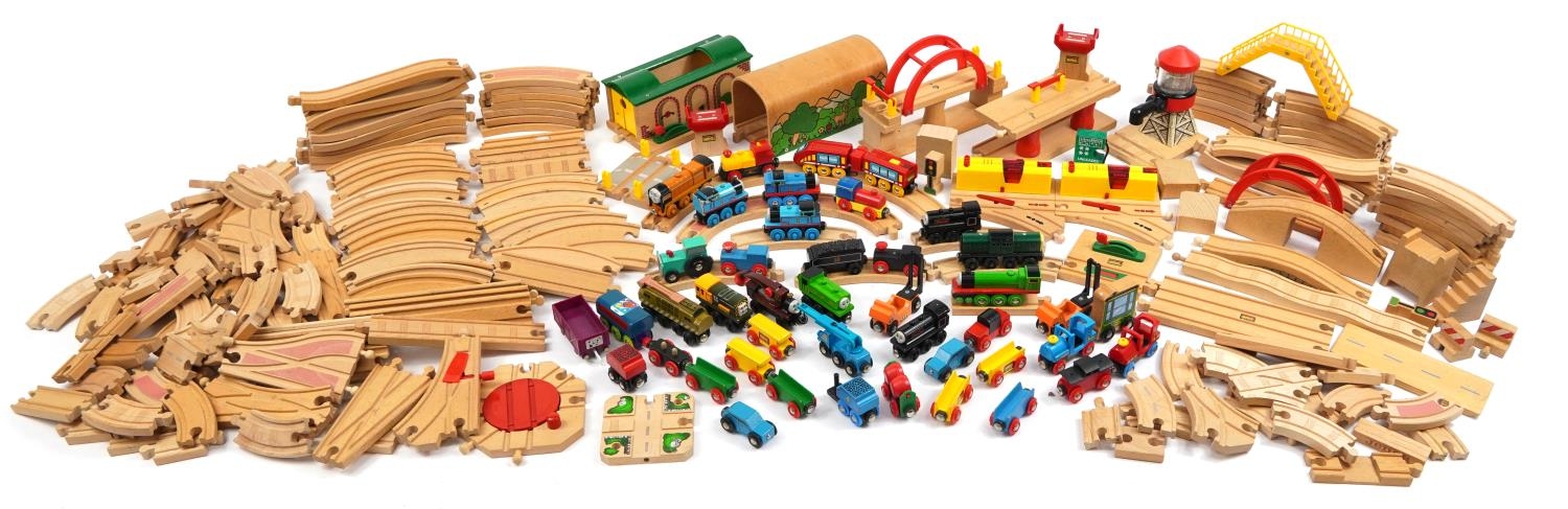 Collection of Erio model railway including Thomas the Tank Engine locomotives, sheds and track