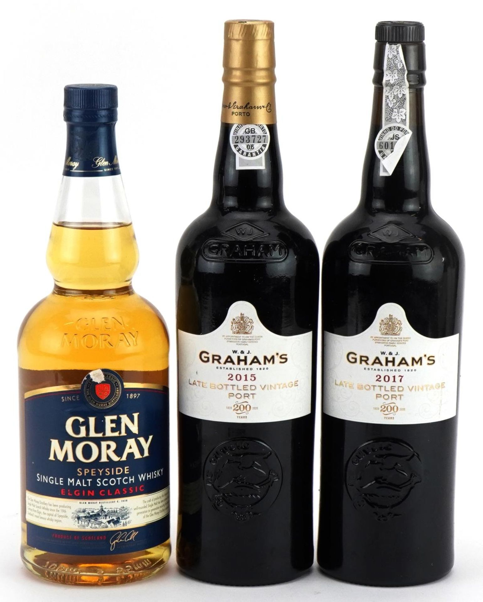 Three bottles of alcohol comprising Graham's Port 2015 and 2017 and Glen Moray single malt Scotch