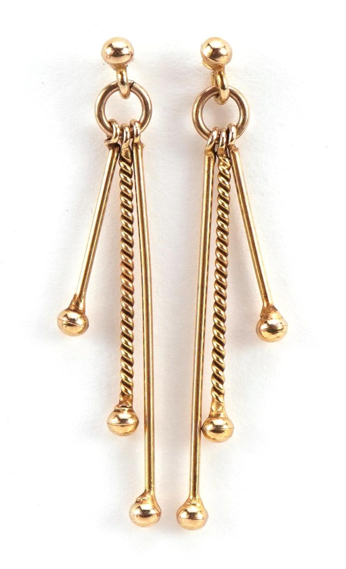 Pair of unmarked 9ct gold drop earrings, 3.5cm high, 1.6g