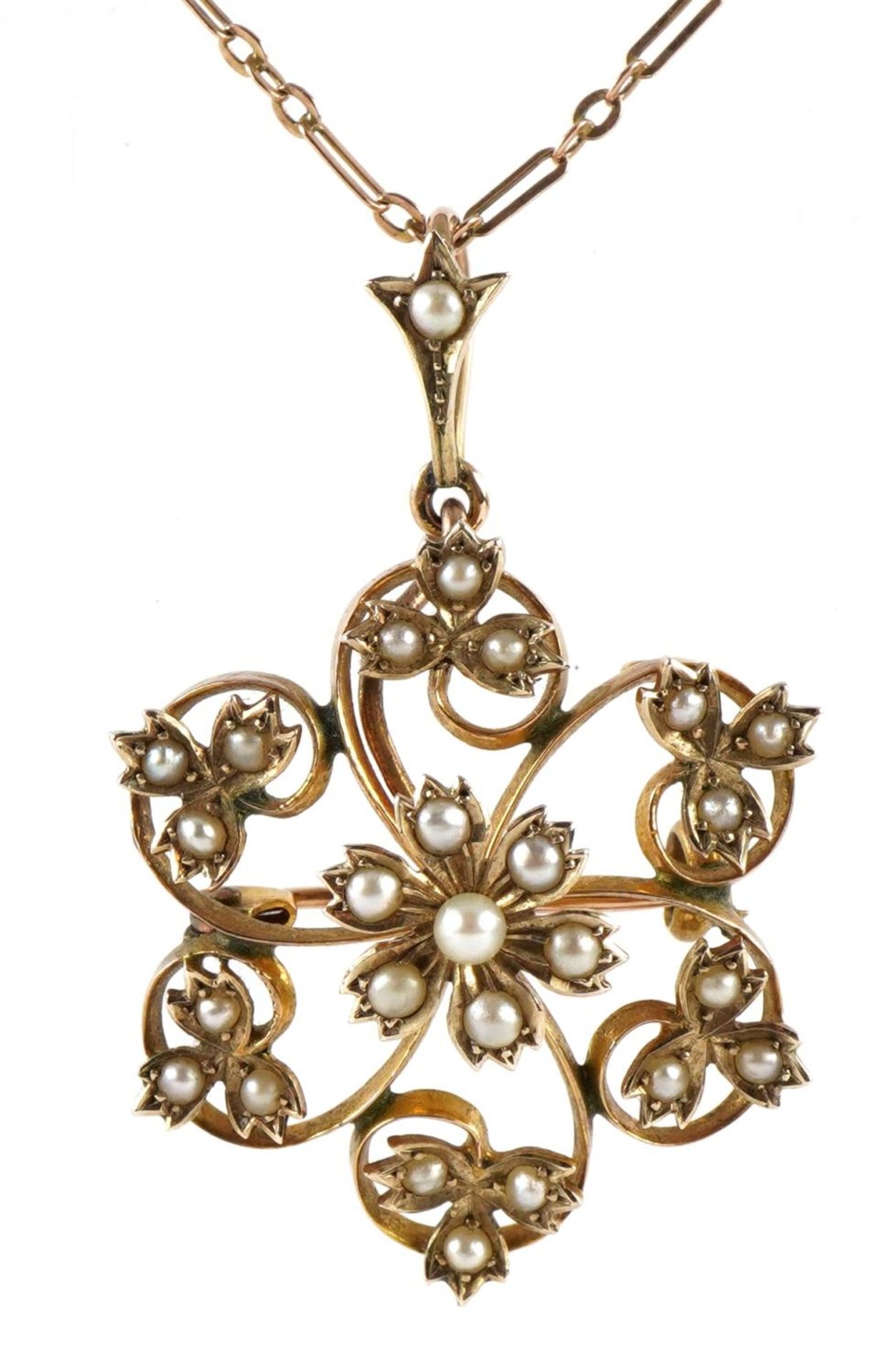 Art Nouveau 9ct gold seed pearl flower head drop pendant brooch on a 9ct rose gold fancy link