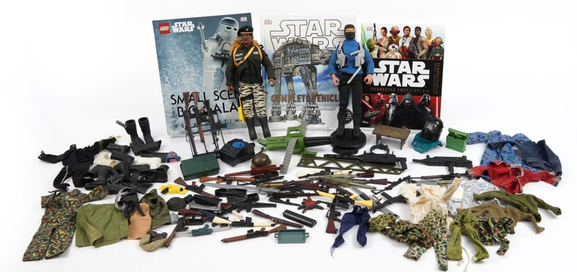 Collection of vintage and later Action Man figures with accessories and three Star Wars annuals