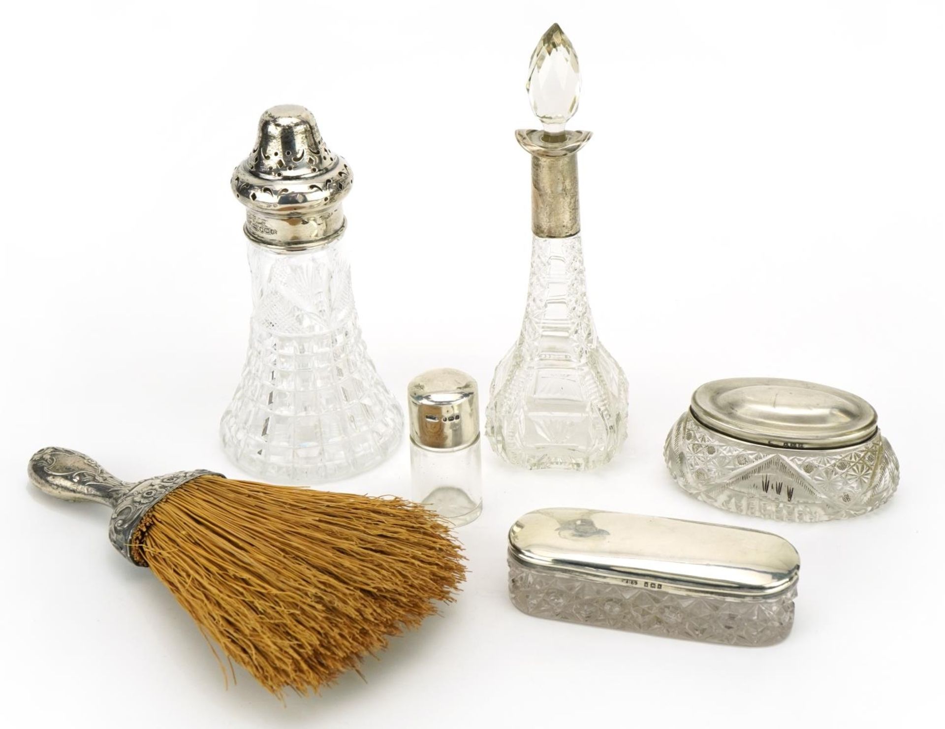 Silver mounted objects comprising two cut glass scent bottles, two cut glass jars, cut glass - Image 4 of 7