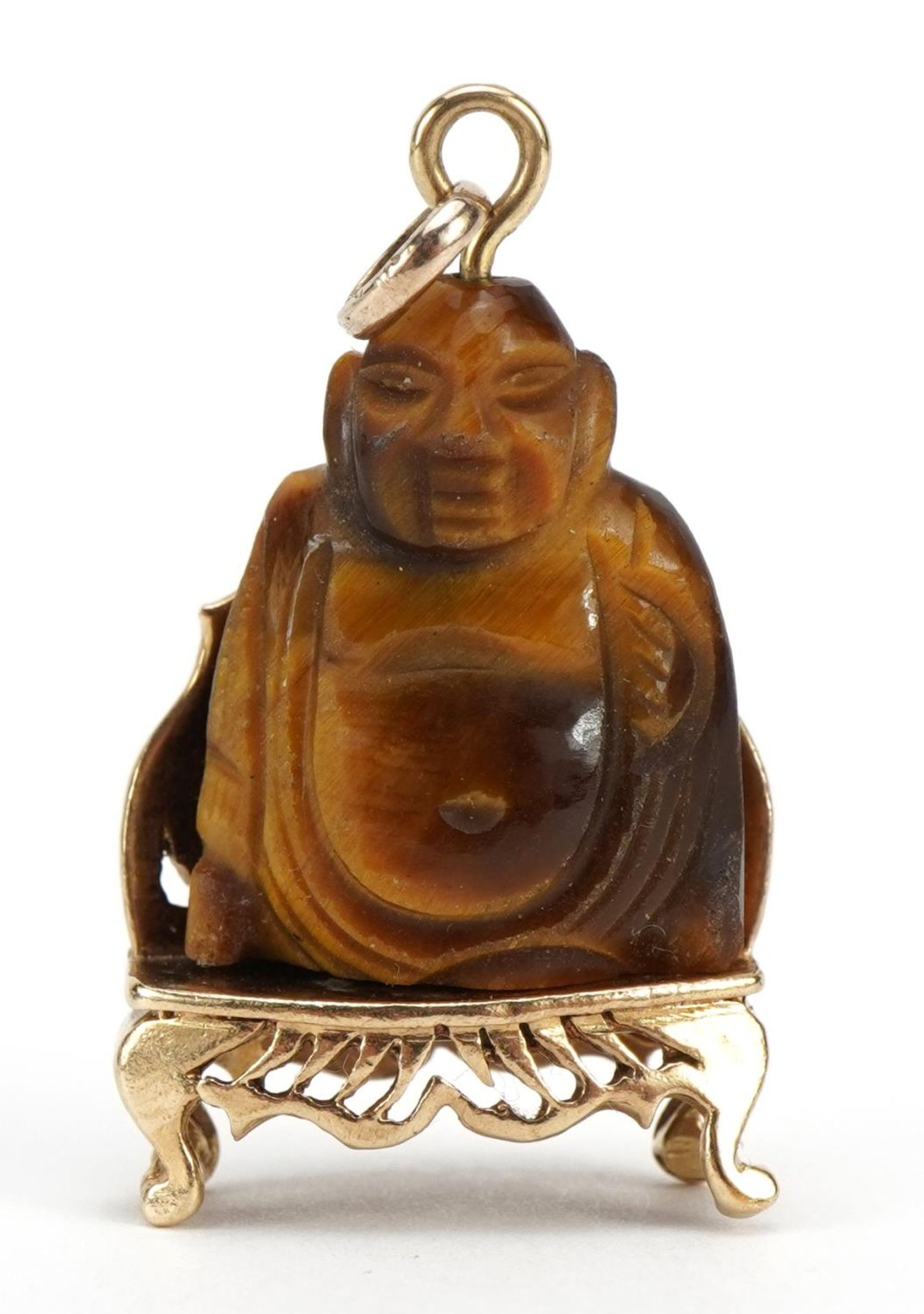 9ct gold and tiger's eye Buddha charm, 3.3cm high, 7.9g