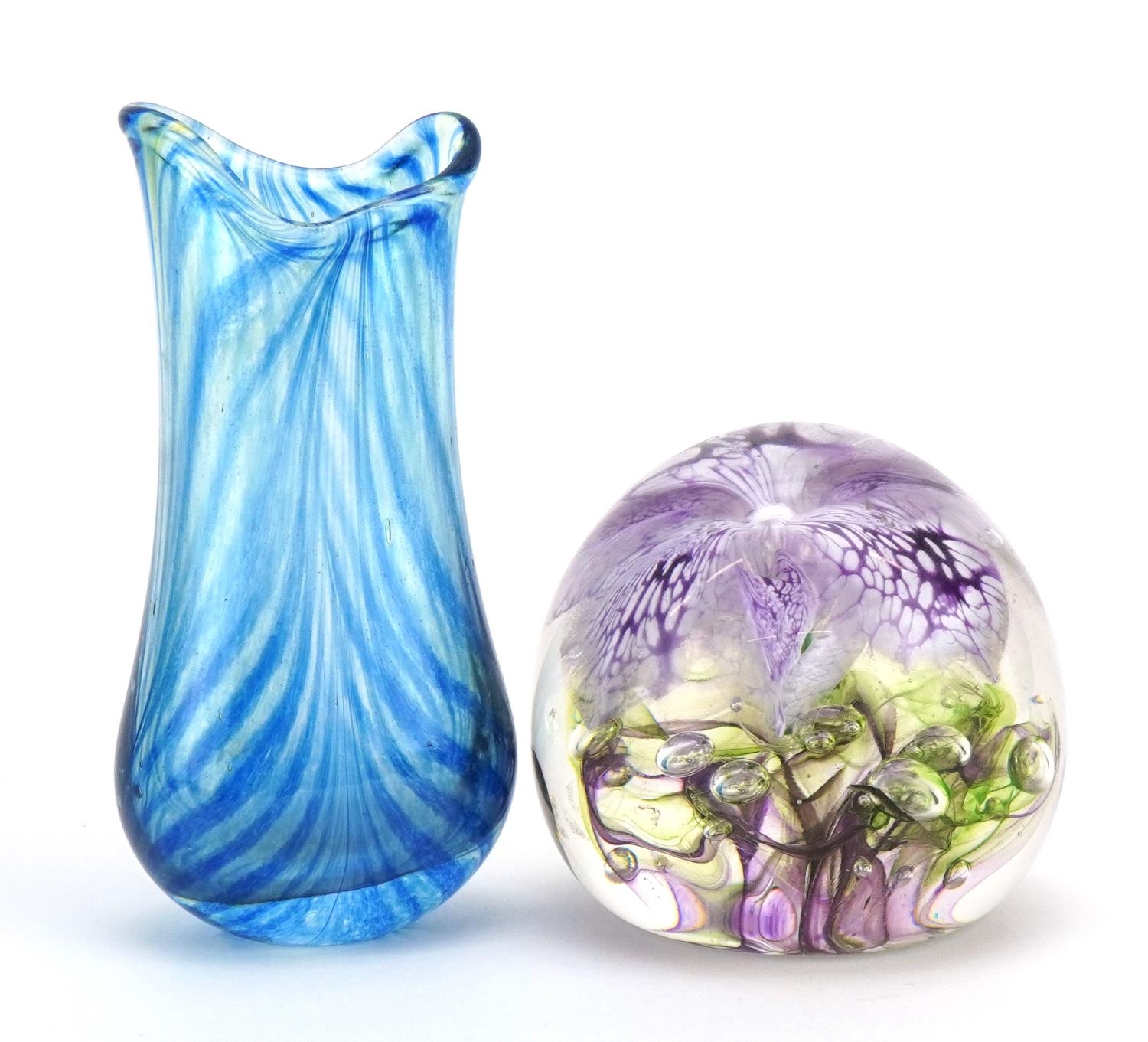 Siddy Langley, art glassware comprising a vase dated 2008 and paperweight dated 1996, the largest