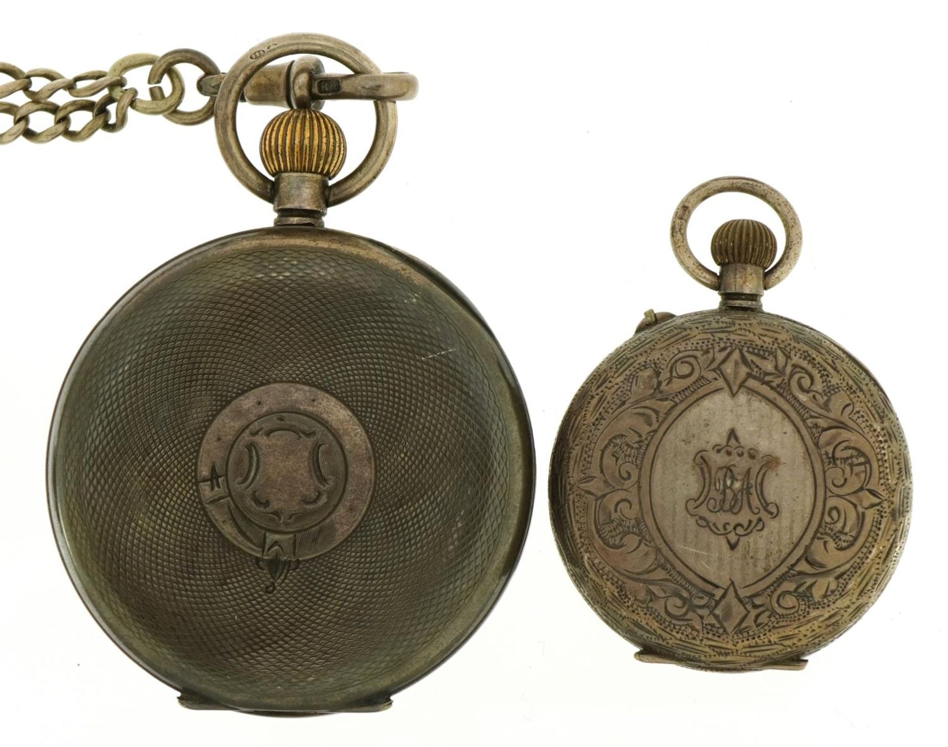 Gentlemen's silver open face pocket watch and watch chain and a ladies pocket watch, both with - Image 3 of 6