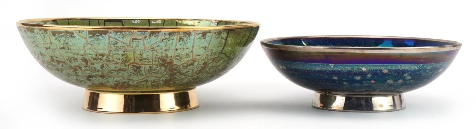 Atkinson Jones, two contemporary lustreware footed bowls including one having a green crackle glaze,