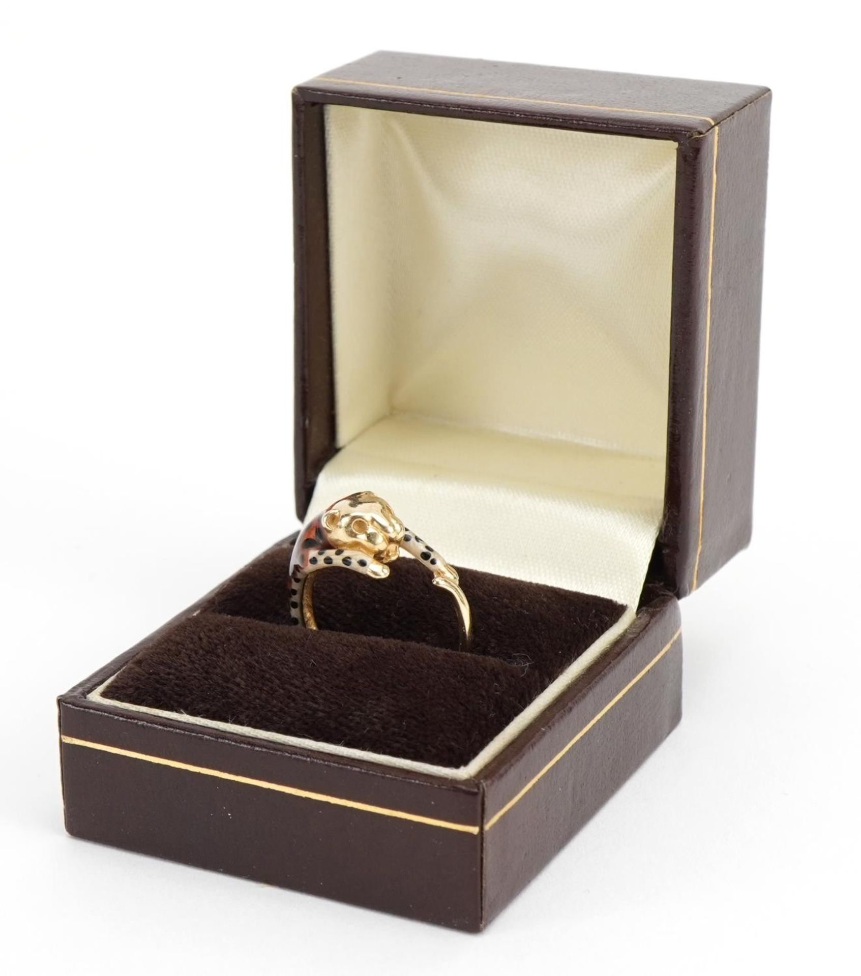 14k gold and enamel leopard ring, size M/N, 3.4g - Image 5 of 6