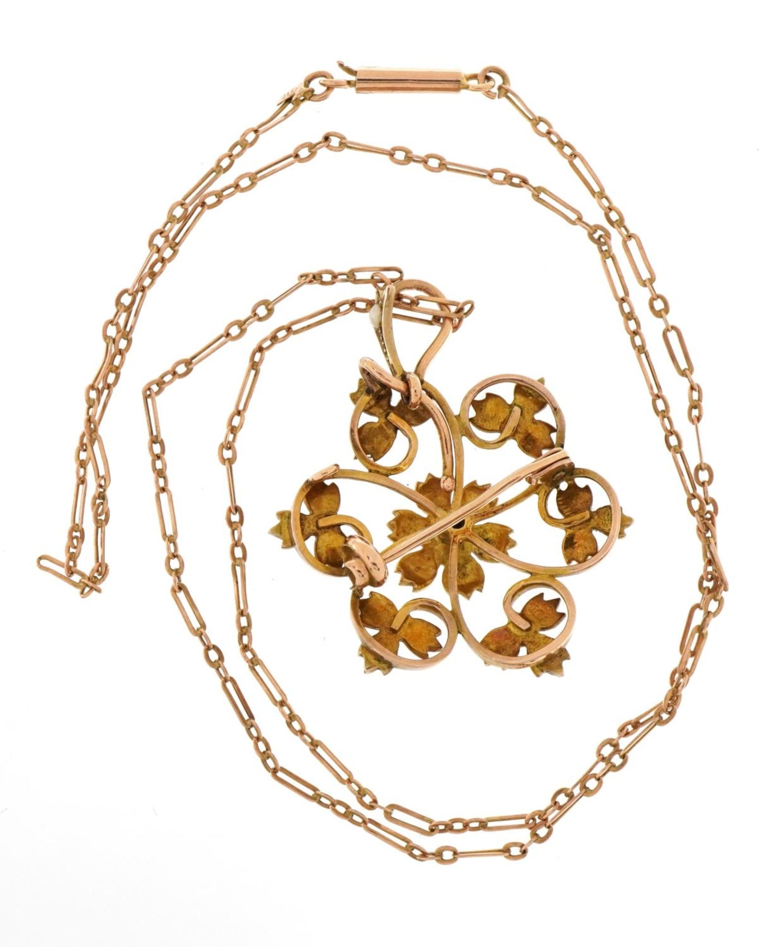 Art Nouveau 9ct gold seed pearl flower head drop pendant brooch on a 9ct rose gold fancy link - Image 3 of 4