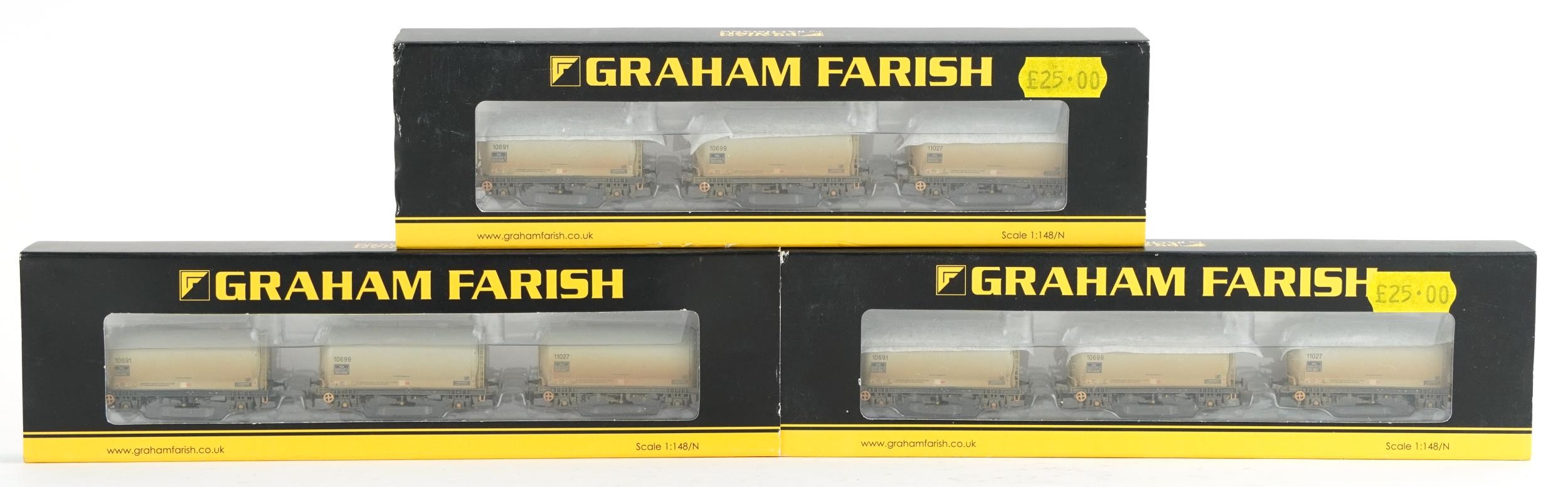 Three Graham Farish N gauge model railway wagon sets with cases, number 377-935