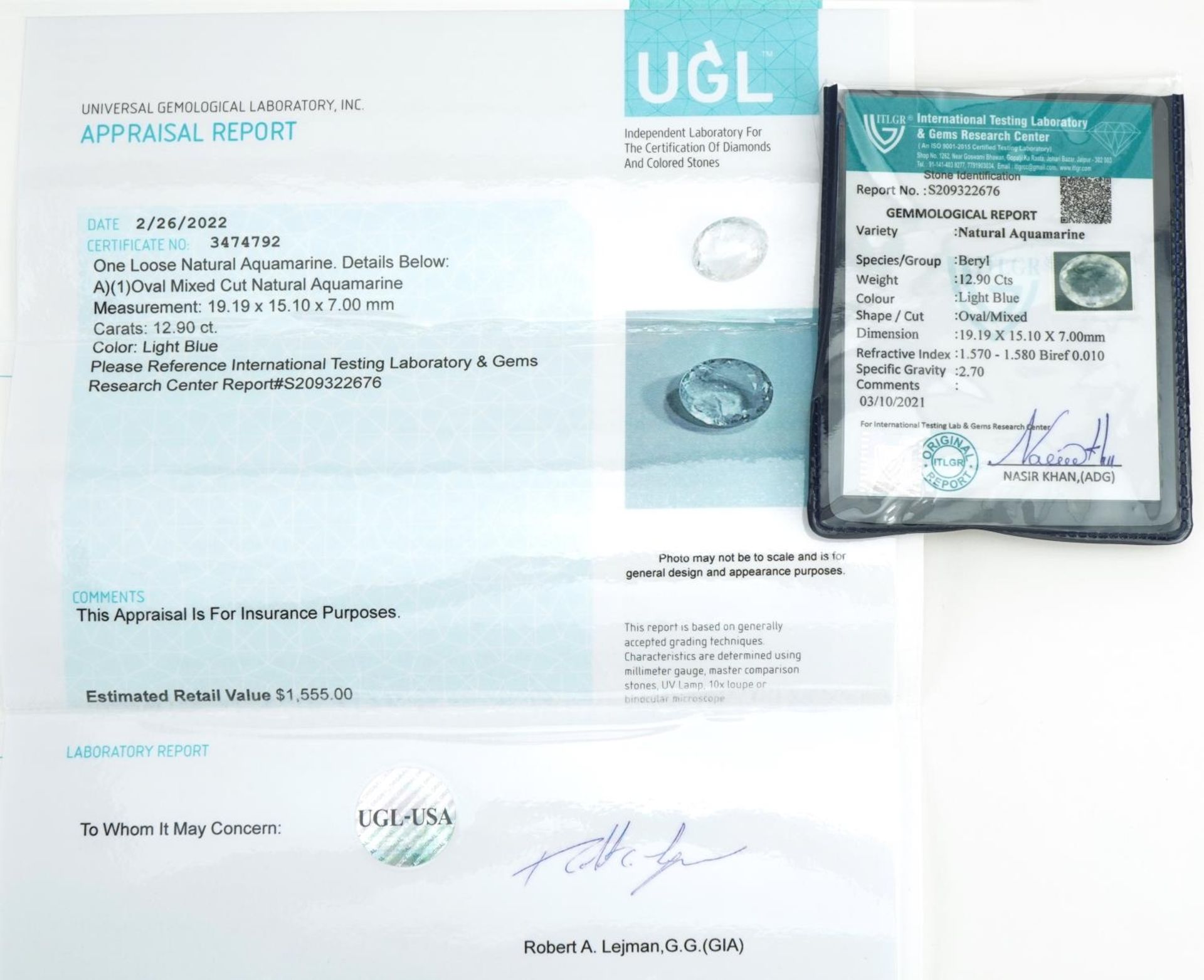 Oval aquamarine gemstone with certificate, 12.90 carat - Image 3 of 3