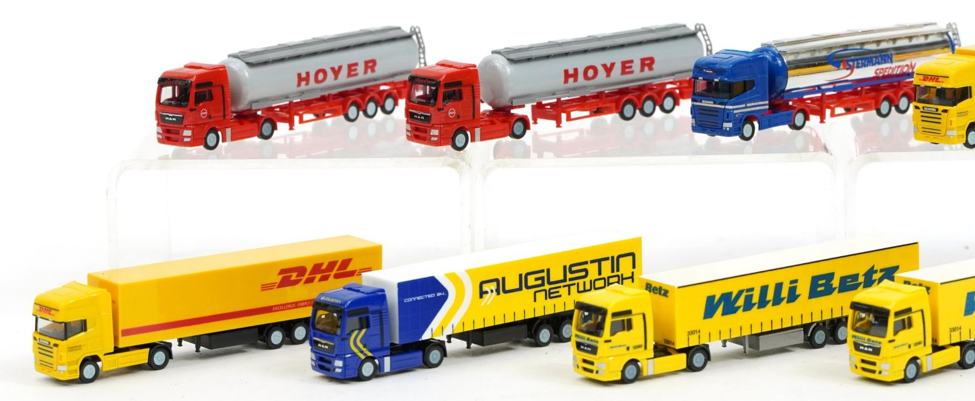 Eight Herpa N gauge model railway transport container lorries and tankers, housed in a protective - Image 2 of 3