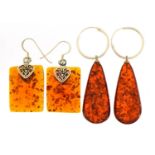 Two pairs of silver natural amber drop earrings, the largest 5.0cm high, total 13.1g