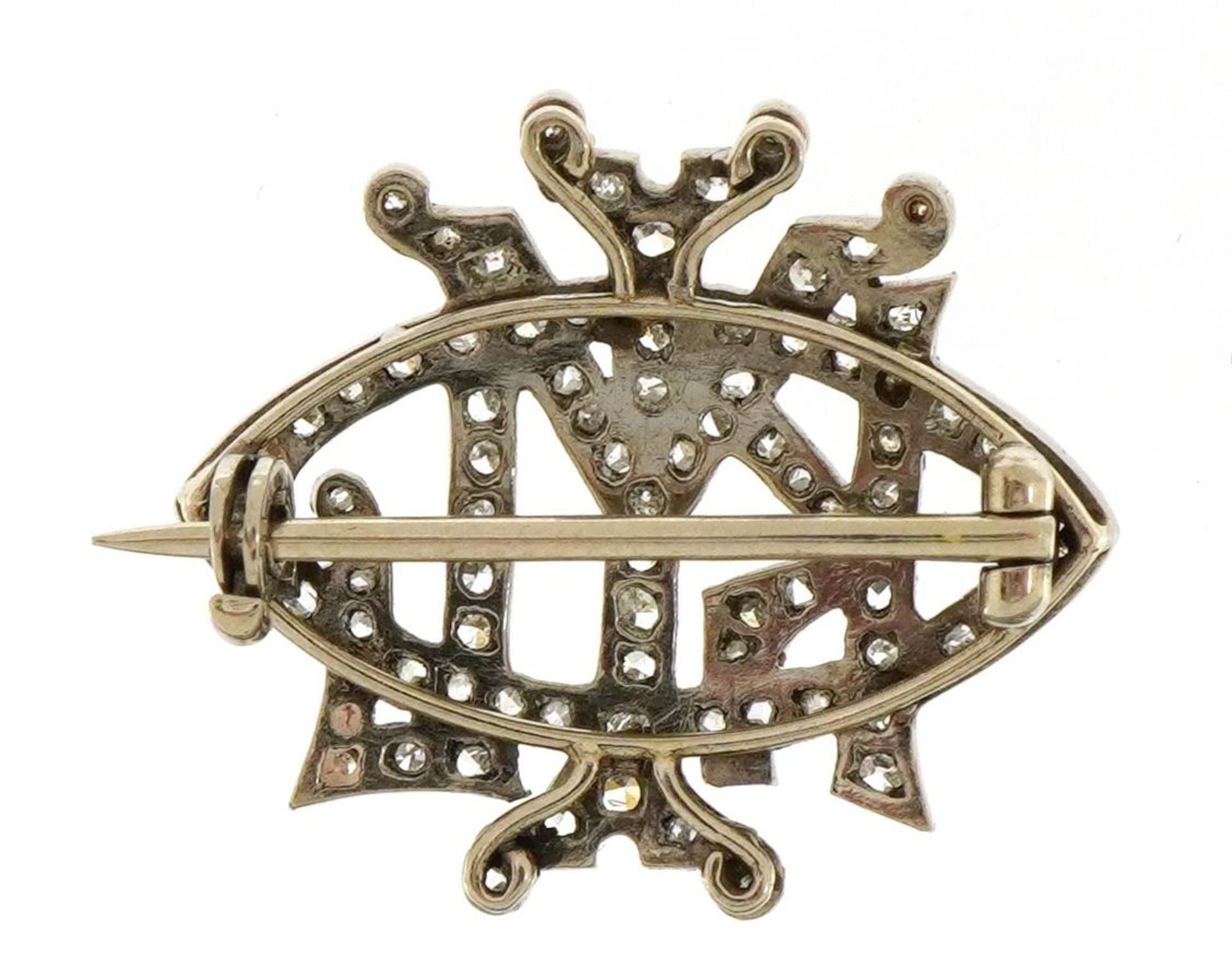 Art Deco platinum and diamond initial brooch, possibly KYL, 2.3cm wide, 4.5g - Image 2 of 2