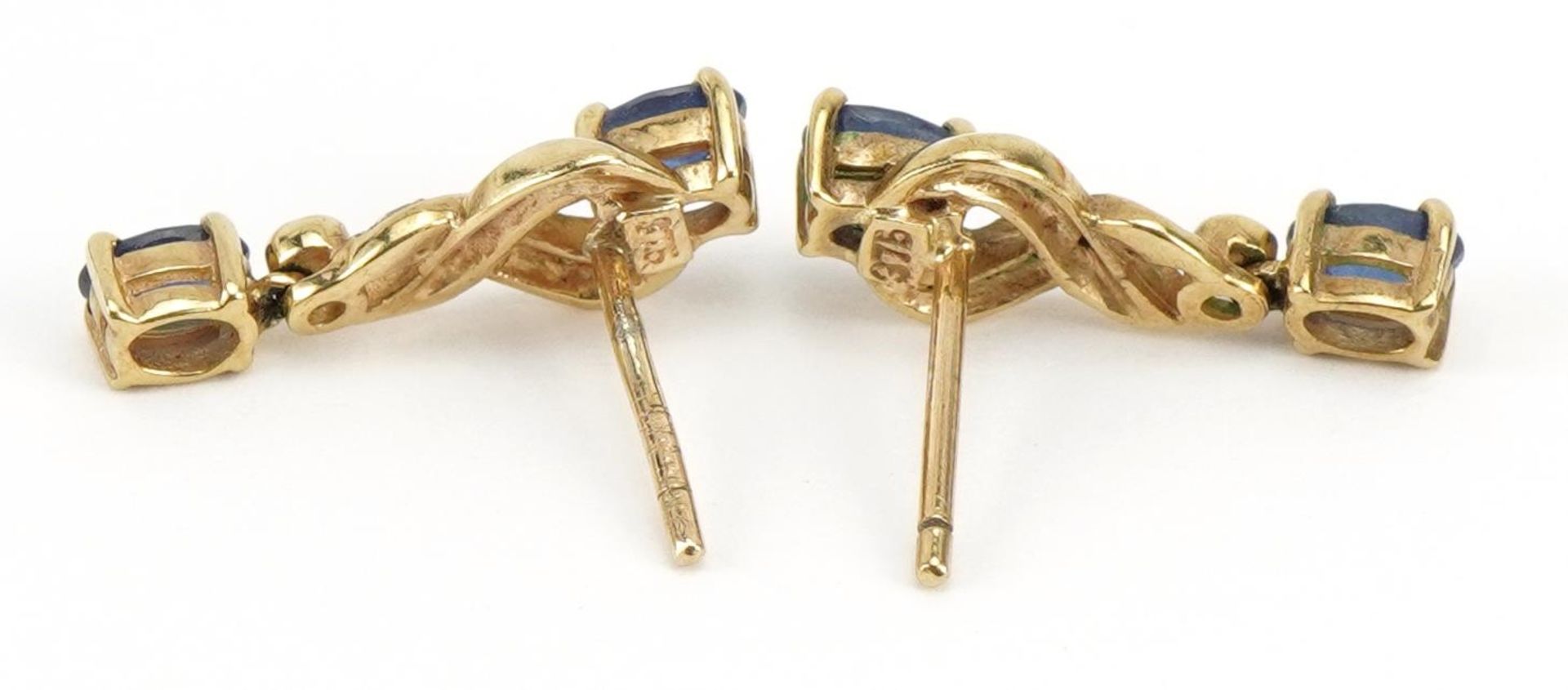 Pair of 9ct gold sapphire and diamond crossover drop earrings, 1.9cm high, 2.4g - Image 2 of 3