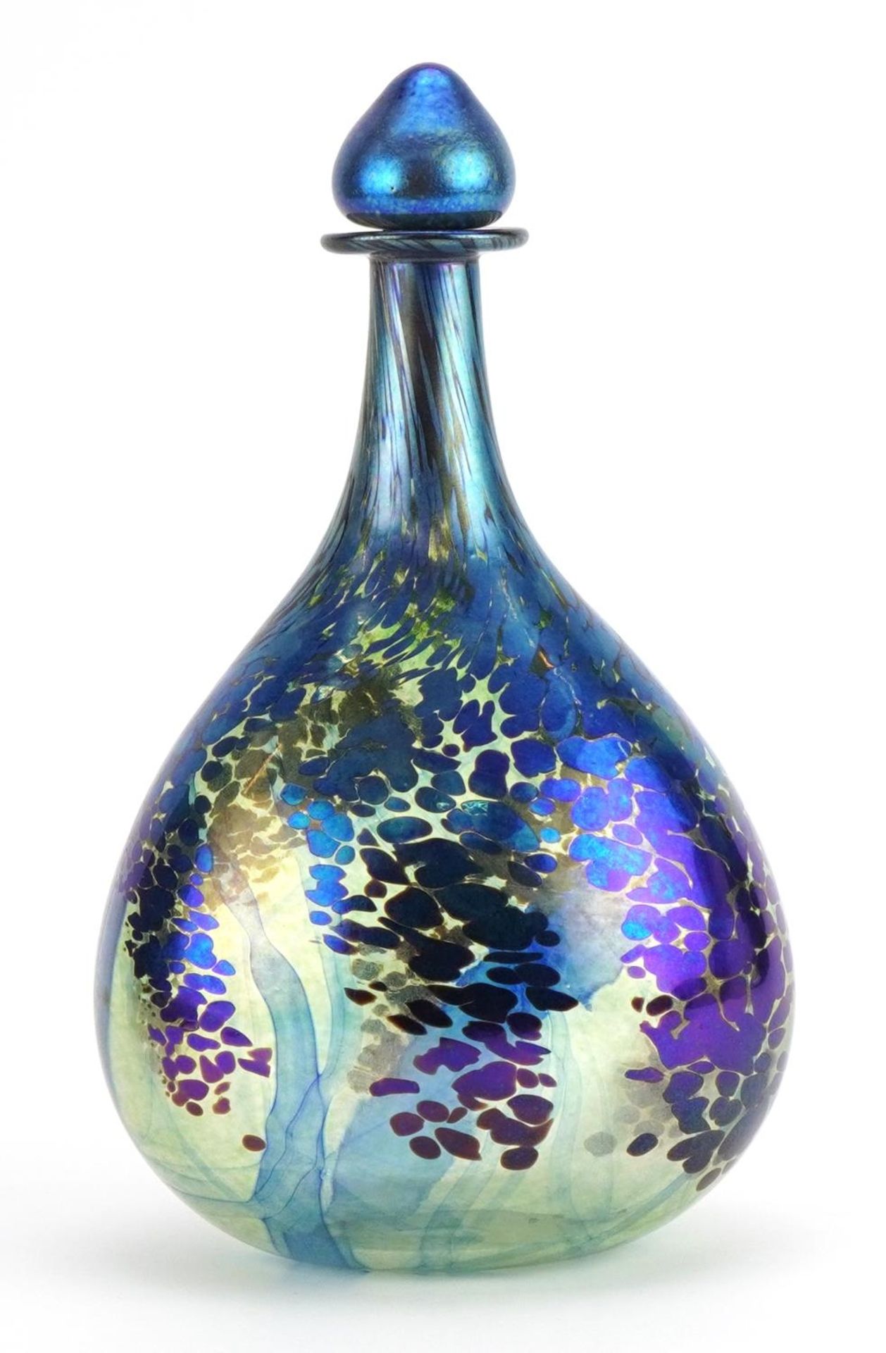 Siddy Langley, large iridescent art glass scent bottle with stopper, etched Siddy Langley 1998 - Image 2 of 4