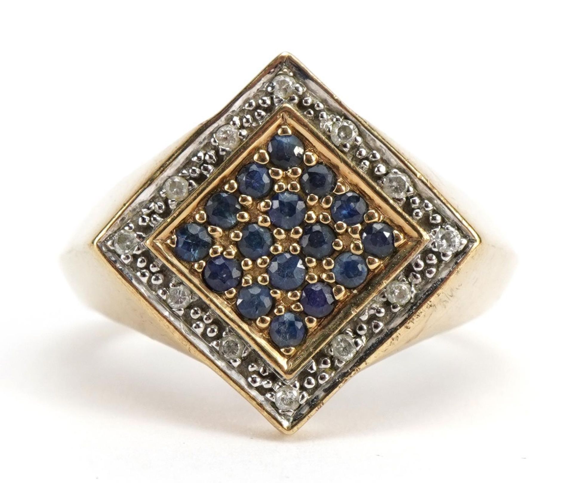 9ct gold sapphire and diamond cluster ring, size S/T, 9.2g