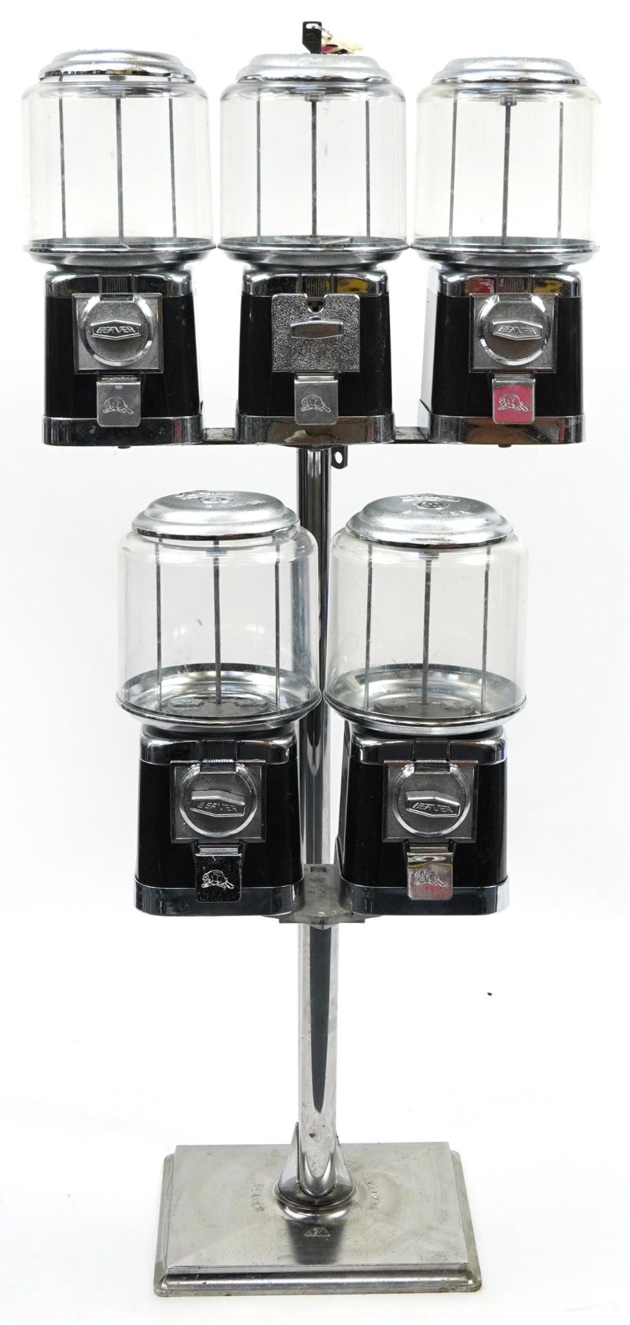 Set of five vintage Beaver sweet vending machines on stand, overall 126cm H x 60cm W x 45cm D