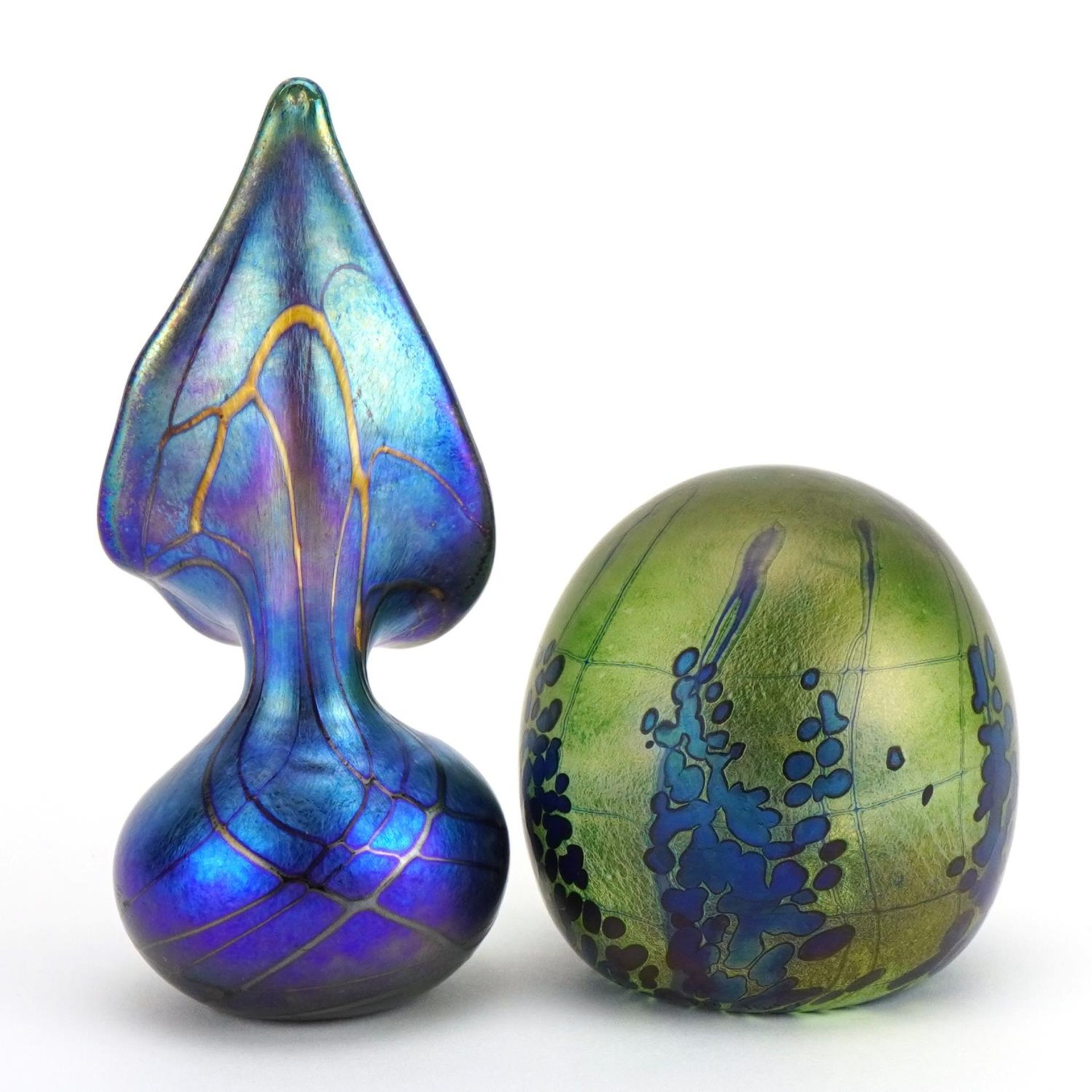 Siddy Langley, iridescent art glassware comprising a Jack in a pulpit style vase dated 1992 and a - Image 2 of 5