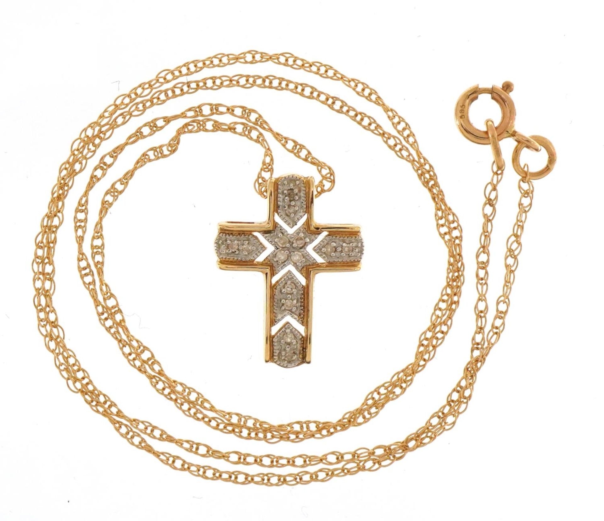 14ct gold diamond cross pendant on a 14ct gold necklace, housed in a Danbury Mint box, 1.8cm high - Image 2 of 6