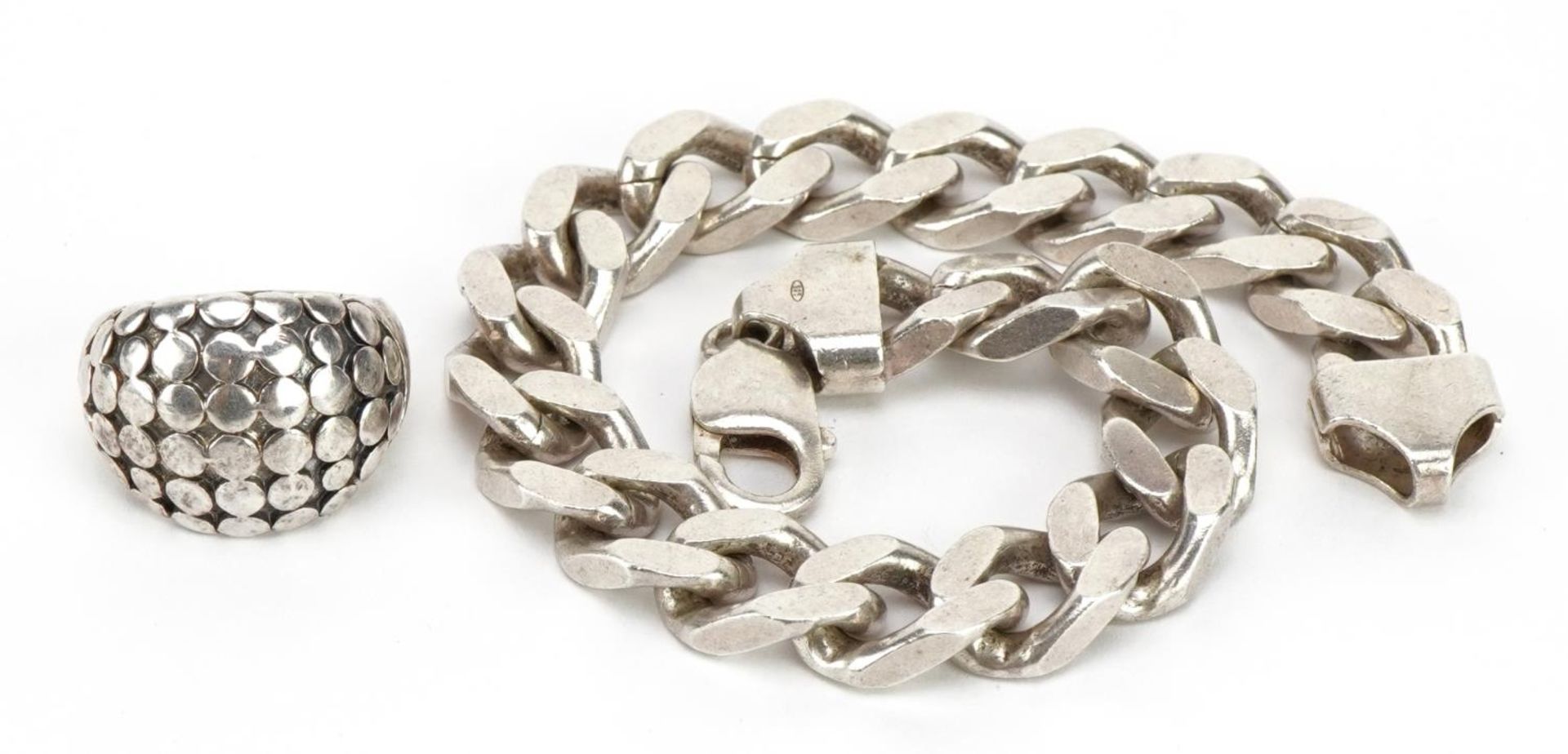 Heavy gentlemen's silver curb link bracelet and a Modernist silver ring, the bracelet 22.5cm in - Image 2 of 3