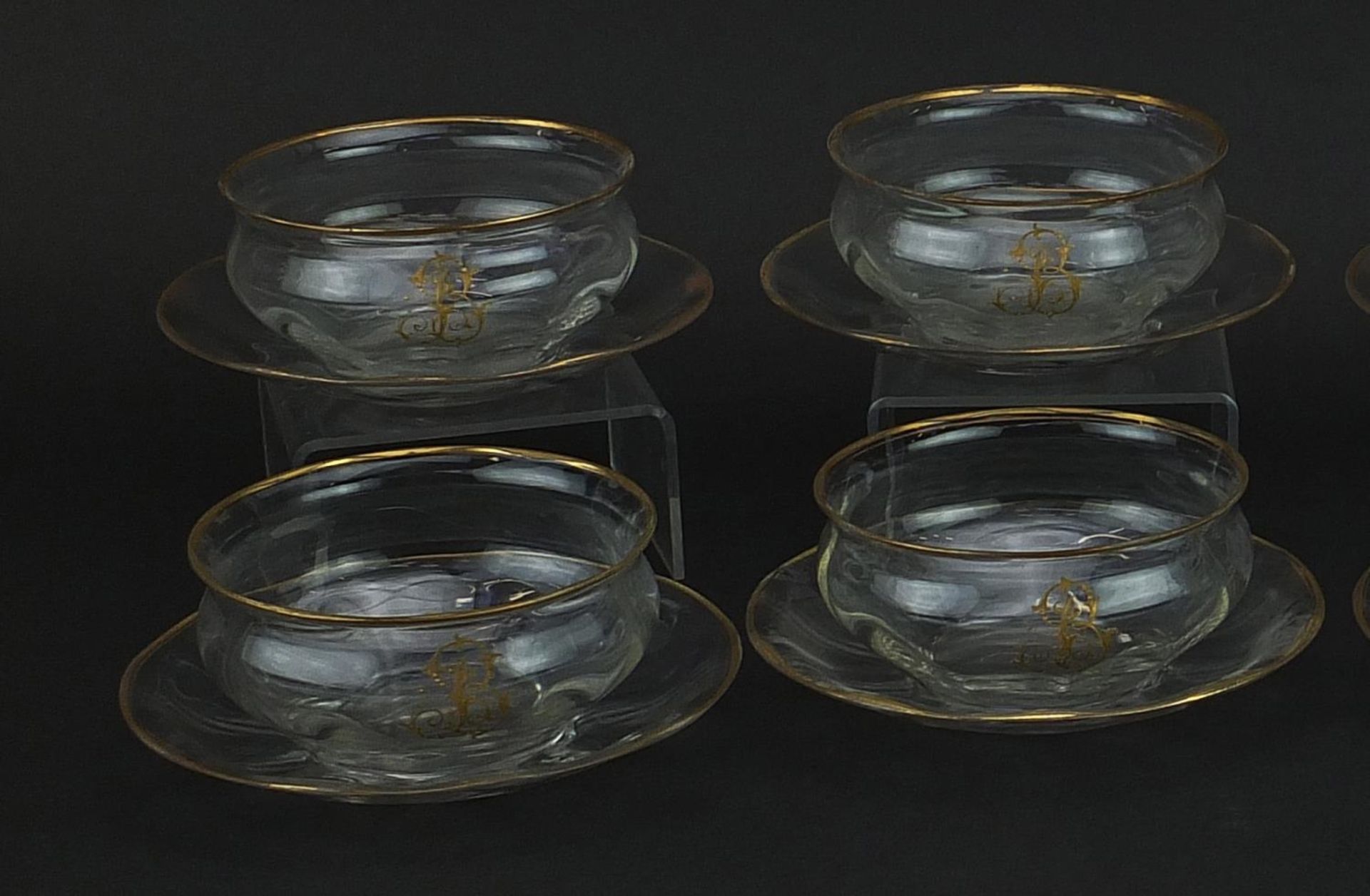 Set of six Venetian glass bowls on stands with gilt monograms and borders, each 11.5cm in diameter - Image 2 of 3