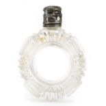 Circular cut glass scent bottle with unmarked silver lid and stopper, 6.5cm high
