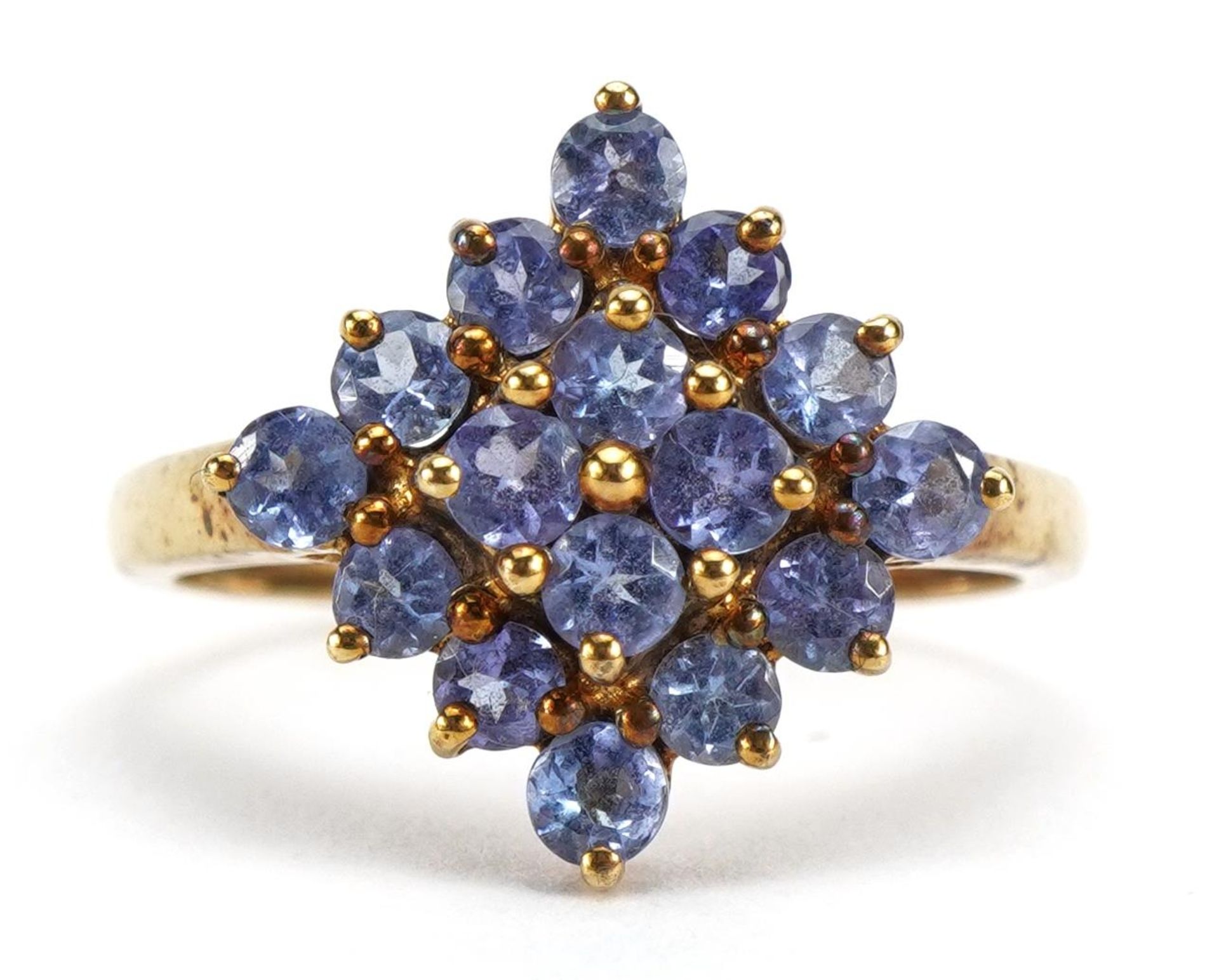 9ct gold purple stone two tier cluster ring, probably tanzanite, size N, 2.4g