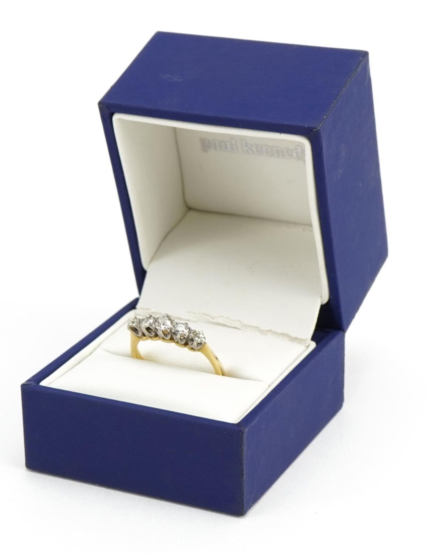 18ct gold diamond five stone ring, the largest diamond approximately 3.1mm in diameter, size M/N, - Image 4 of 5