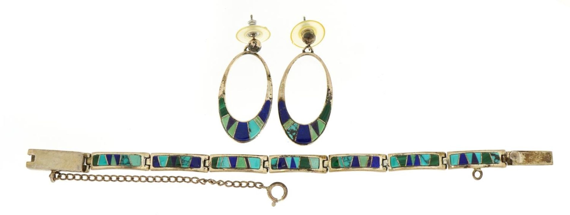 Navajo Calvin Dine sterling silver bracelet with matching earrings set with lapis lazuli, - Image 2 of 4