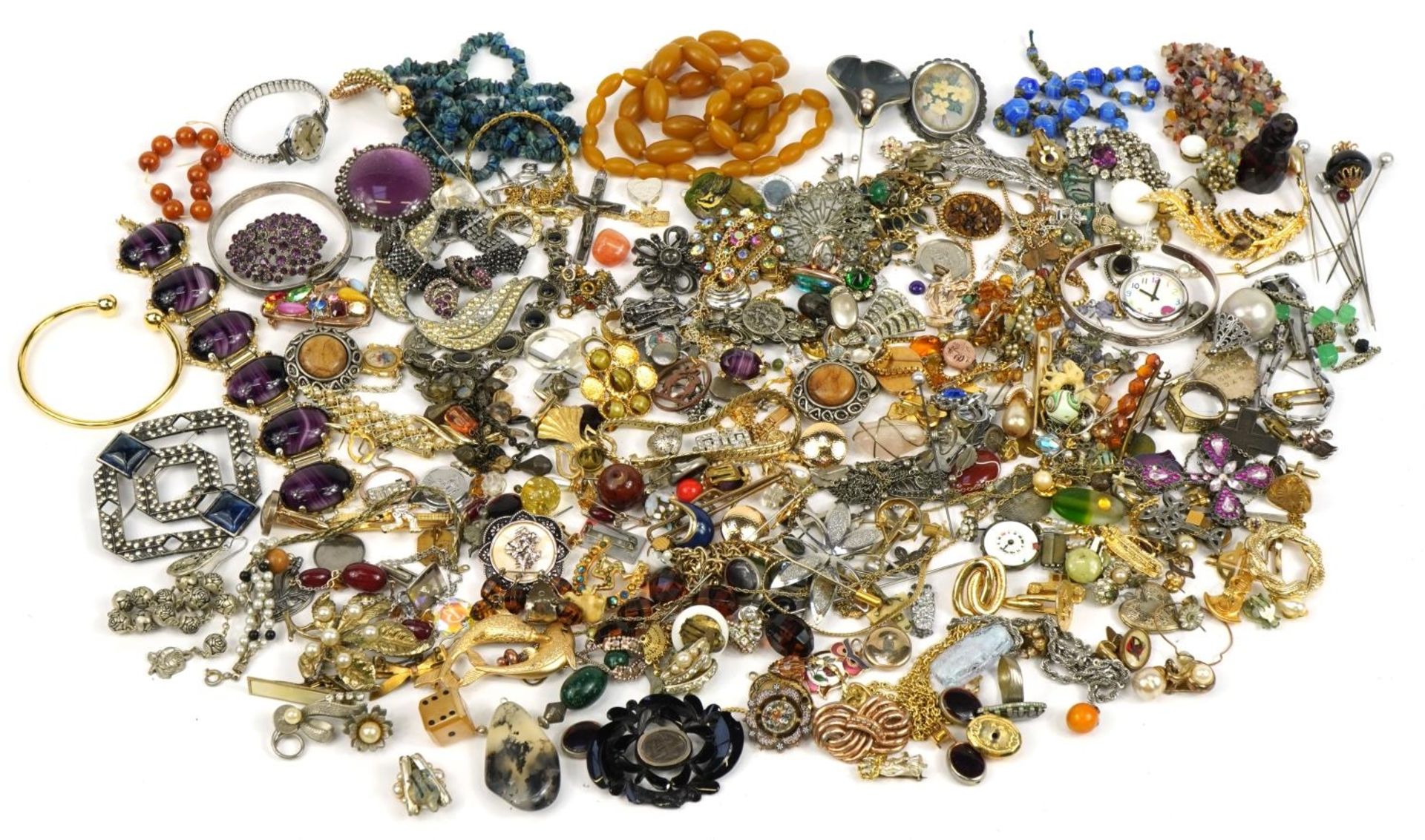 Vintage and later costume jewellery and wristwatches including brooches, necklaces, rings and