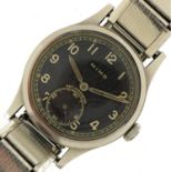 German military interest Mimo wristwatch with black dial, the case 34mm in diameter