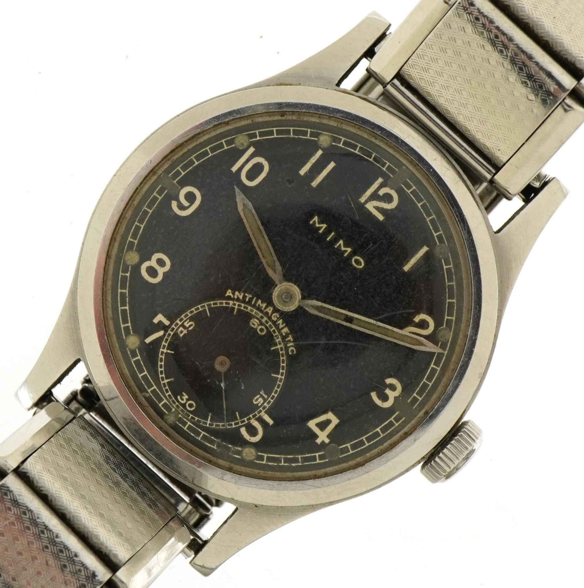German military interest Mimo wristwatch with black dial, the case 34mm in diameter