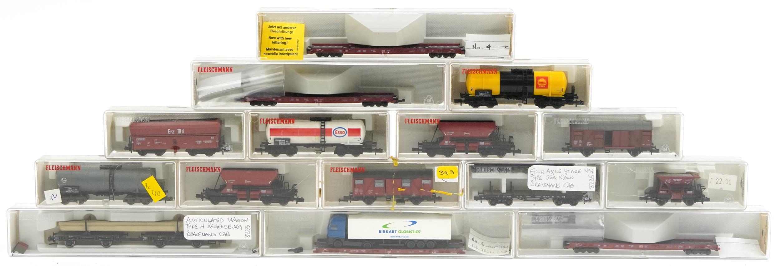 Fifteen Fleischmann N gauge model railway wagons and tankers with cases