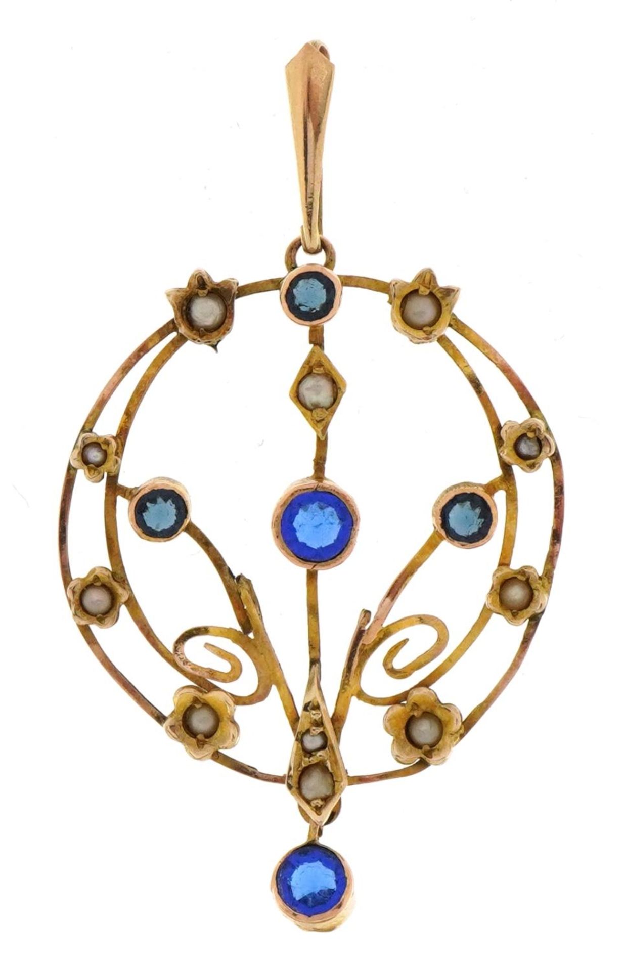 Edwardian unmarked 9ct gold seed pearl and blue stone drop pendant, 5.0cm high, 2.3g
