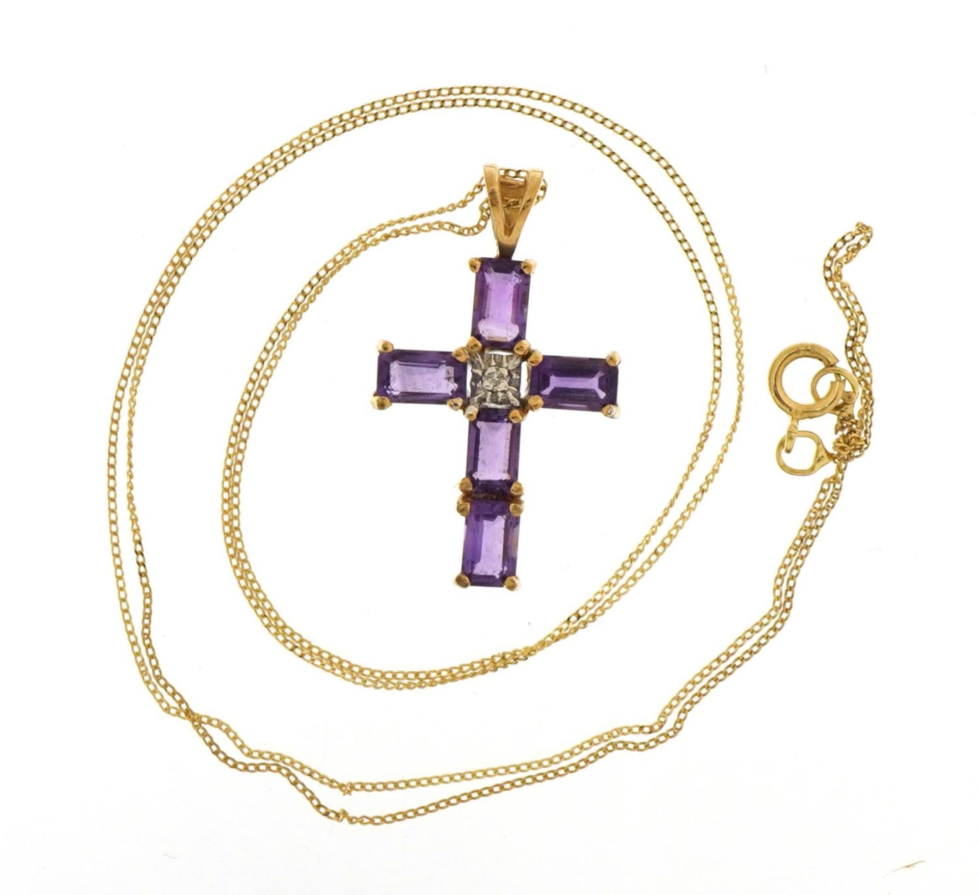 9ct gold amethyst and diamond cross pendant on a 9ct gold necklace, 2.4cm high and 45cm in length, - Image 2 of 4