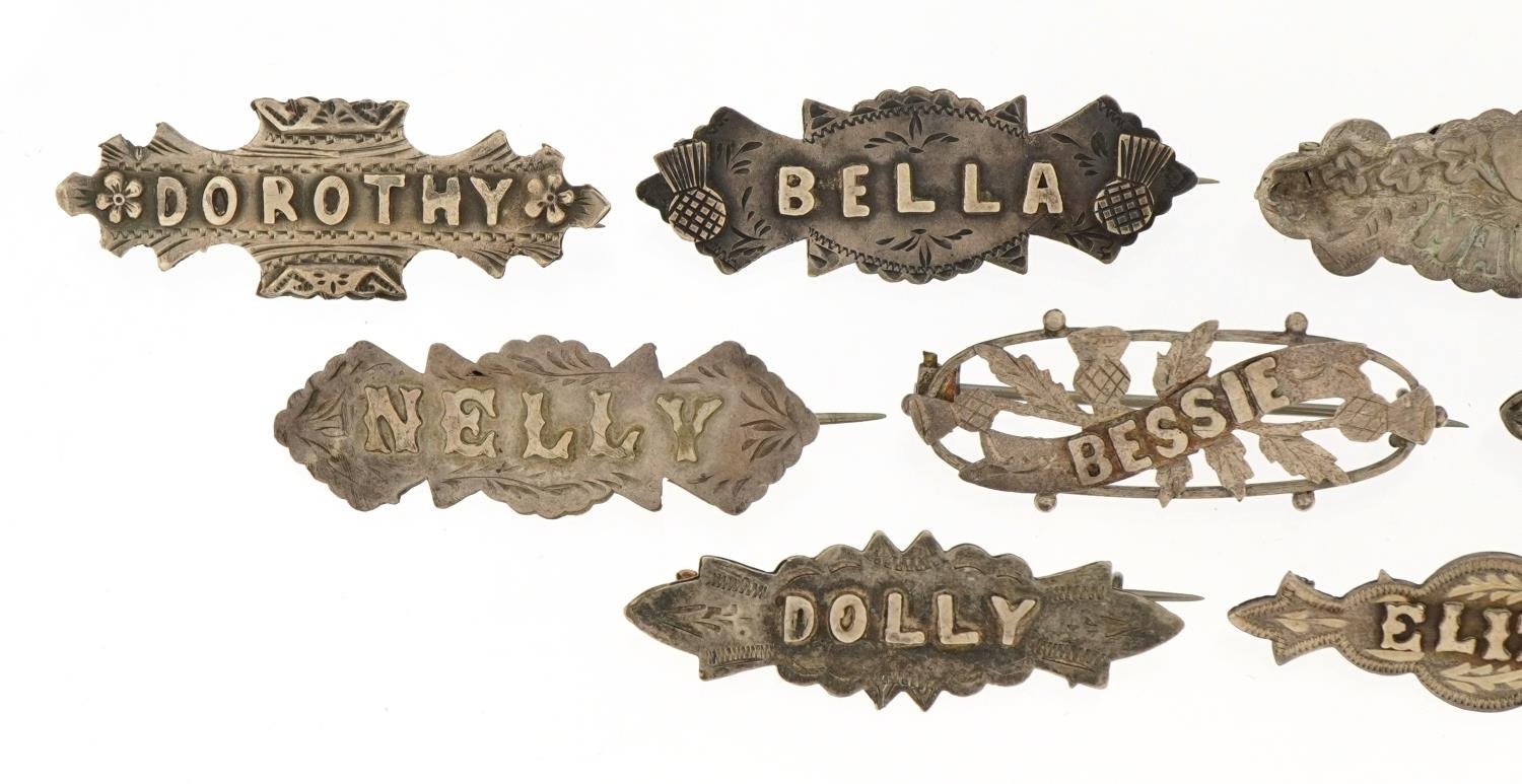 Nine Victorian silver name brooches including Edith, Dolly and Maud, the largest 4.5cm wide, total - Image 2 of 5
