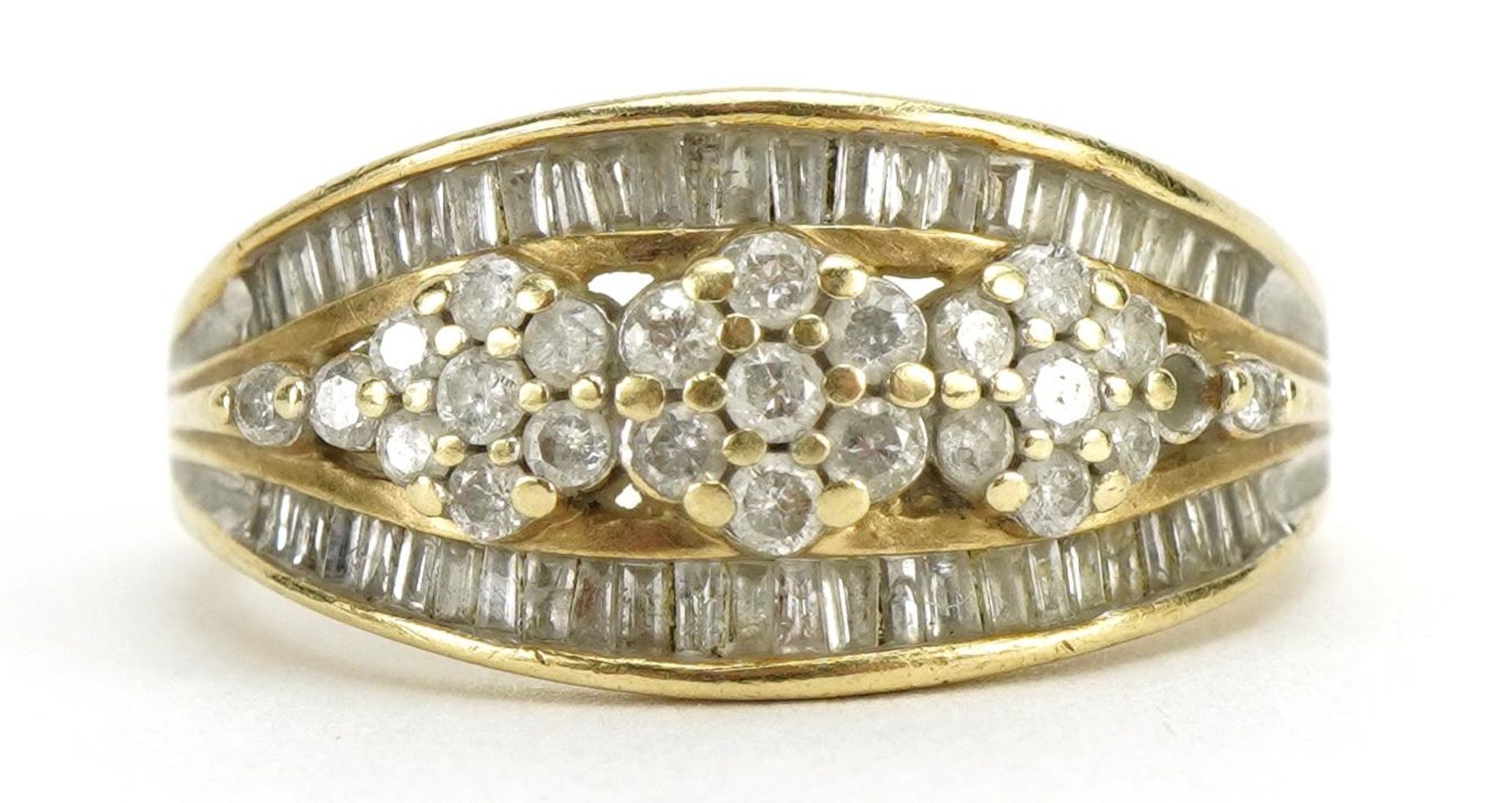 9ct gold three row flower head ring with baguette cut diamonds, size N, 3.2g